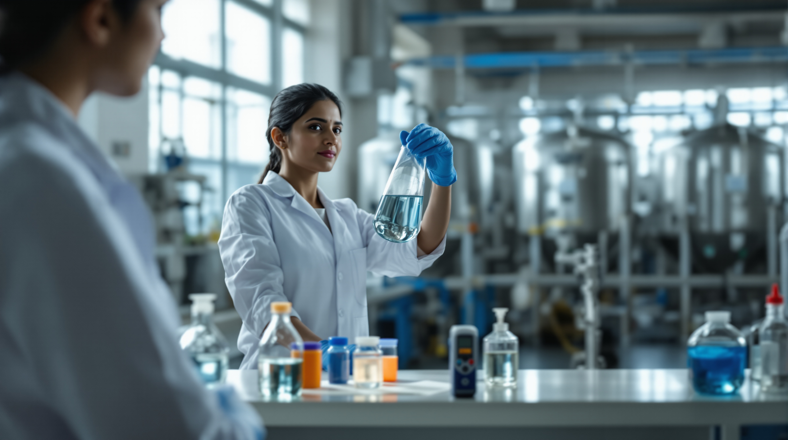 Indian lab technician holding a vial of treated water sample beside testing equipment at a sewage treatment plant