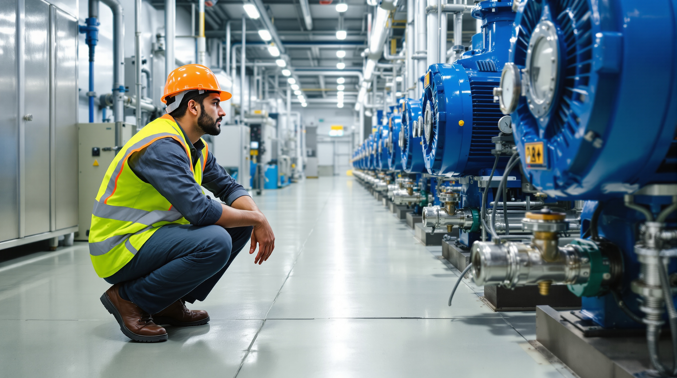 Indian engineer inspecting air blowers and pumps in the equipment room of a sewage treatment plant