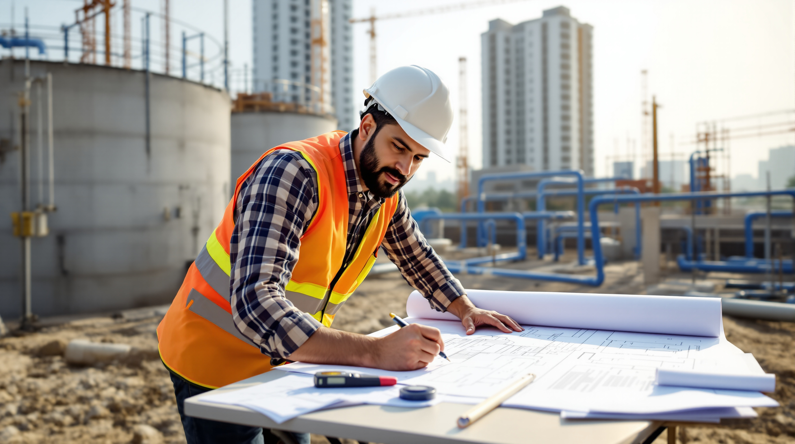 Indian project engineer marking up sewage treatment plant layout drawings at a construction site, defining scope boundaries with a pen