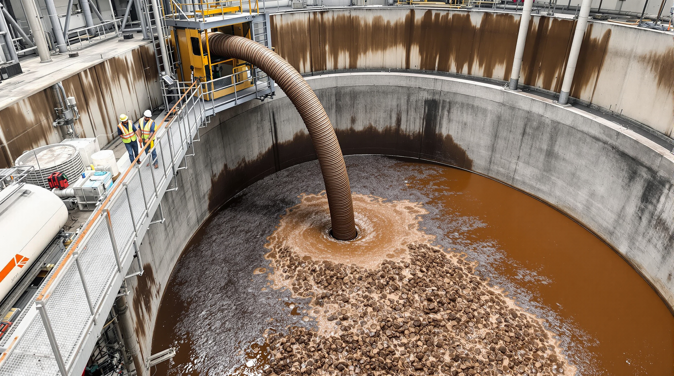 A tanker discharging thick brown return activated sludge into a newly commissioned aeration tank while Indian engineers watch the seeding