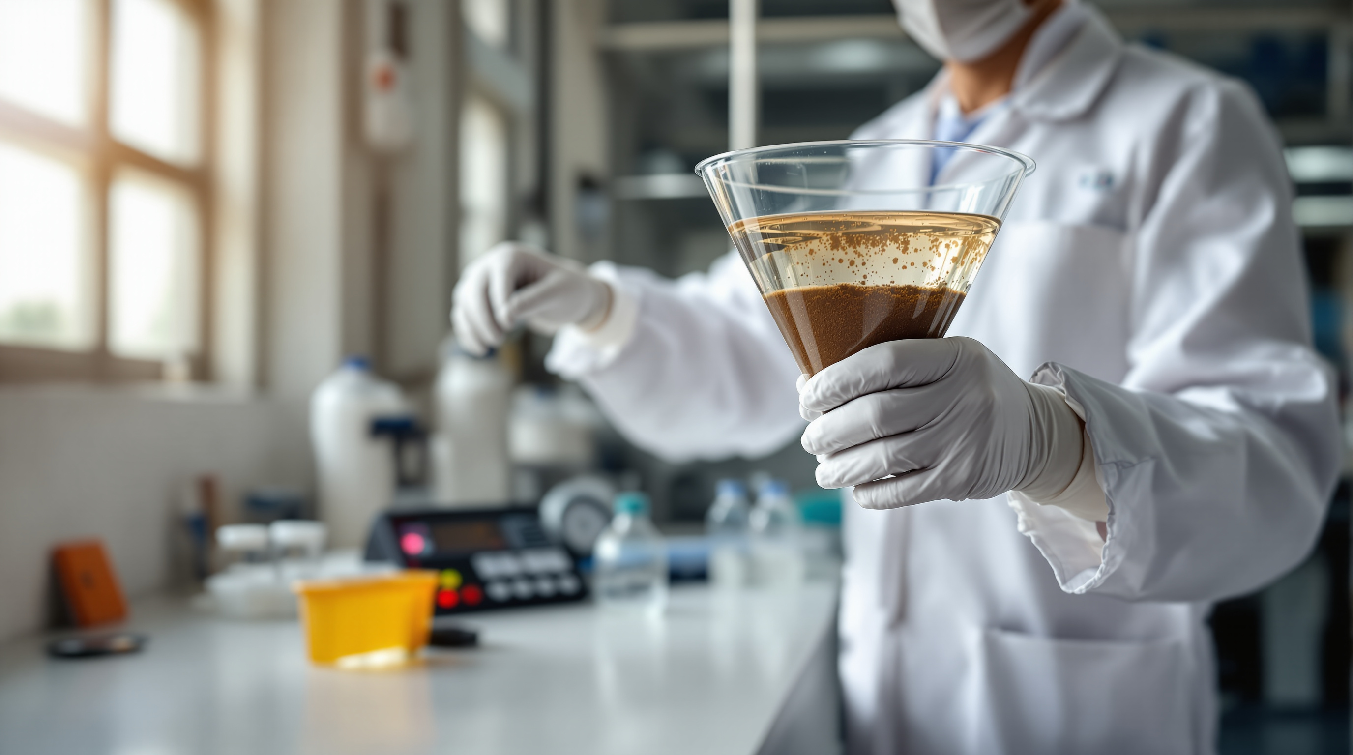 An Indian technician holding a one-litre settling cone of brown mixed liquor up to the light to read sludge settleability during an STP trial run
