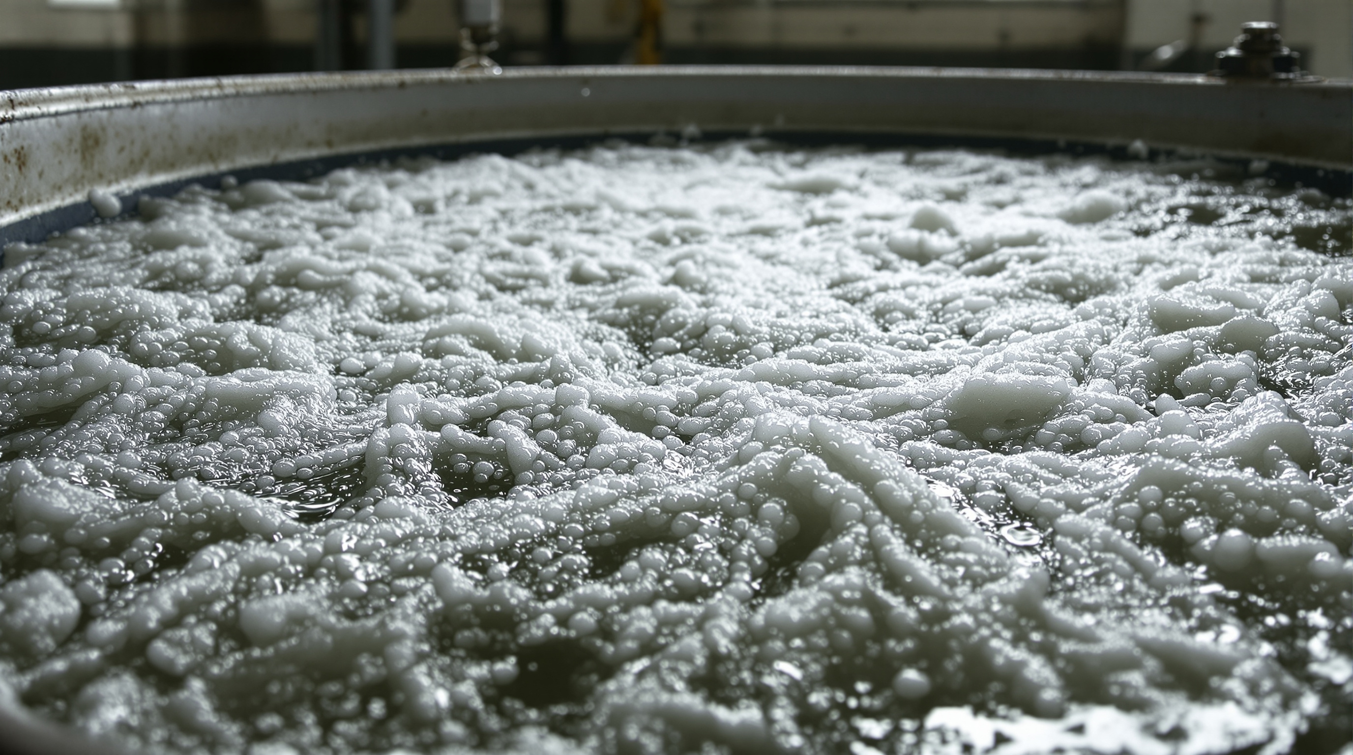 Close-up of an STP aeration tank surface showing an even rolling boil of fine bubbles across dark water