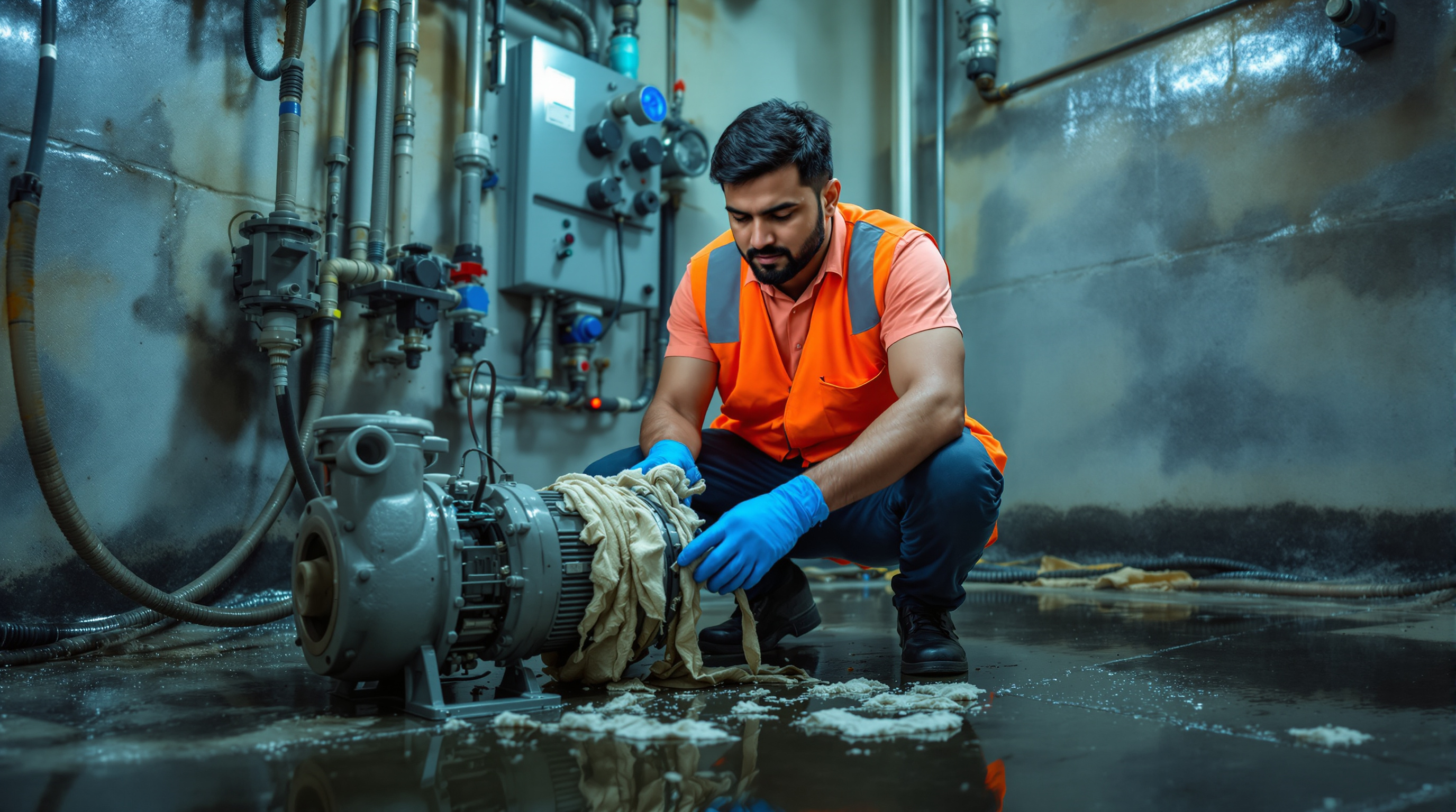 Indian STP operator in gloves crouched beside an opened wastewater pump clearing a choked impeller in a plant room