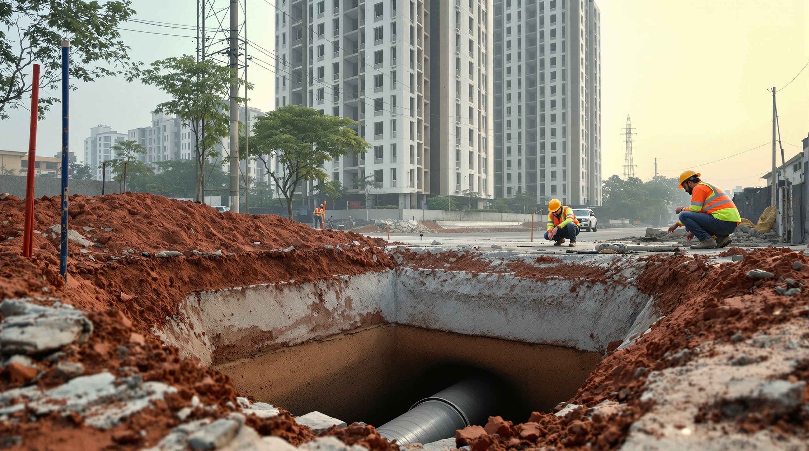 An open municipal sewer manhole and concrete access chamber on a dug-up Indian city street beside a new residential development