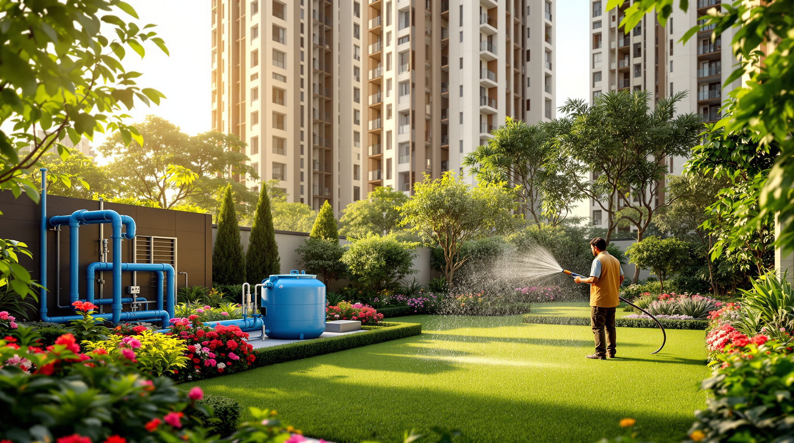 A gardener watering lush landscaping in an Indian apartment complex courtyard using treated recycled water from the on-site STP