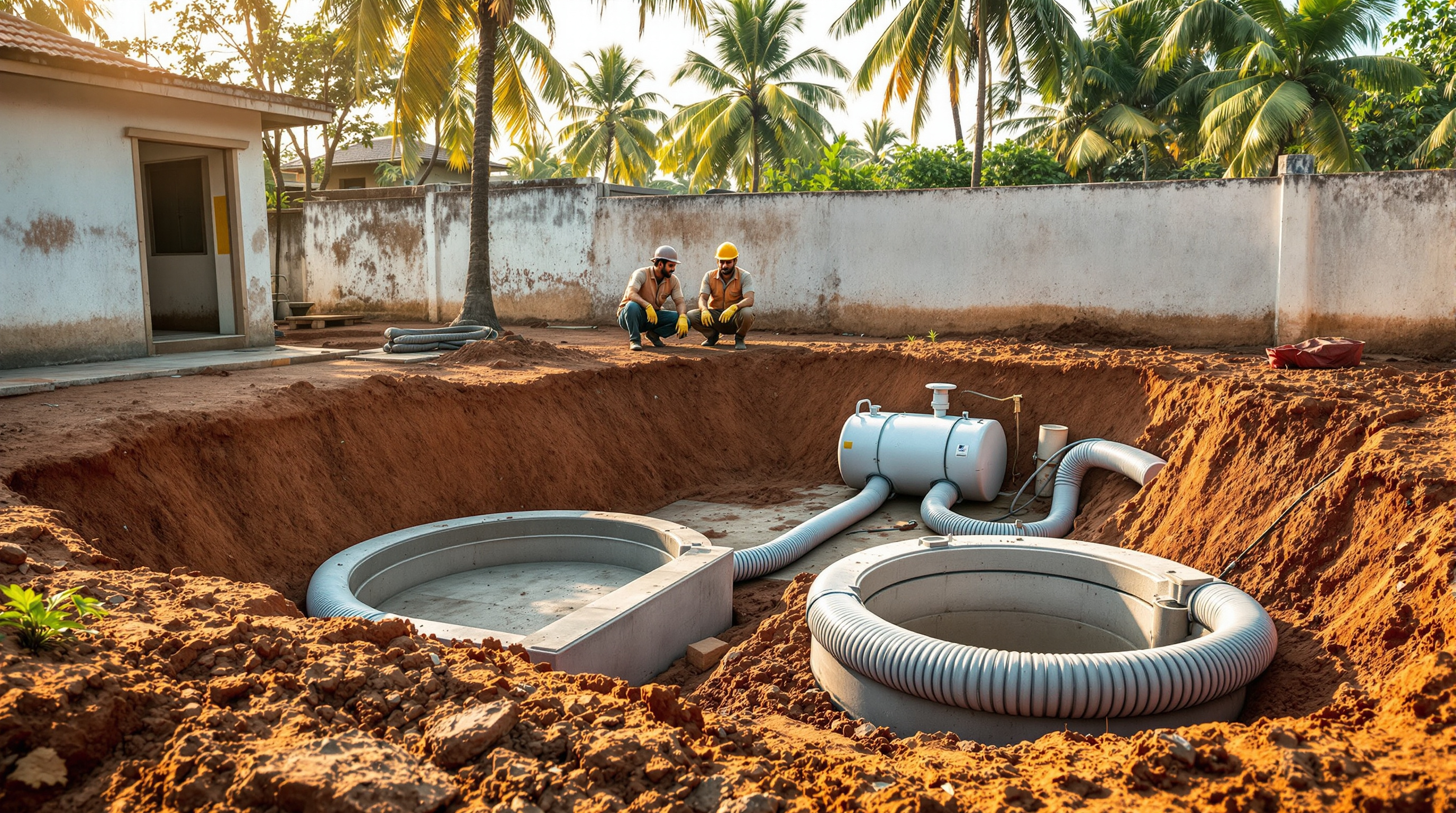 Workers beside an open buried concrete septic tank and adjacent soak pit in the yard of a single Indian home