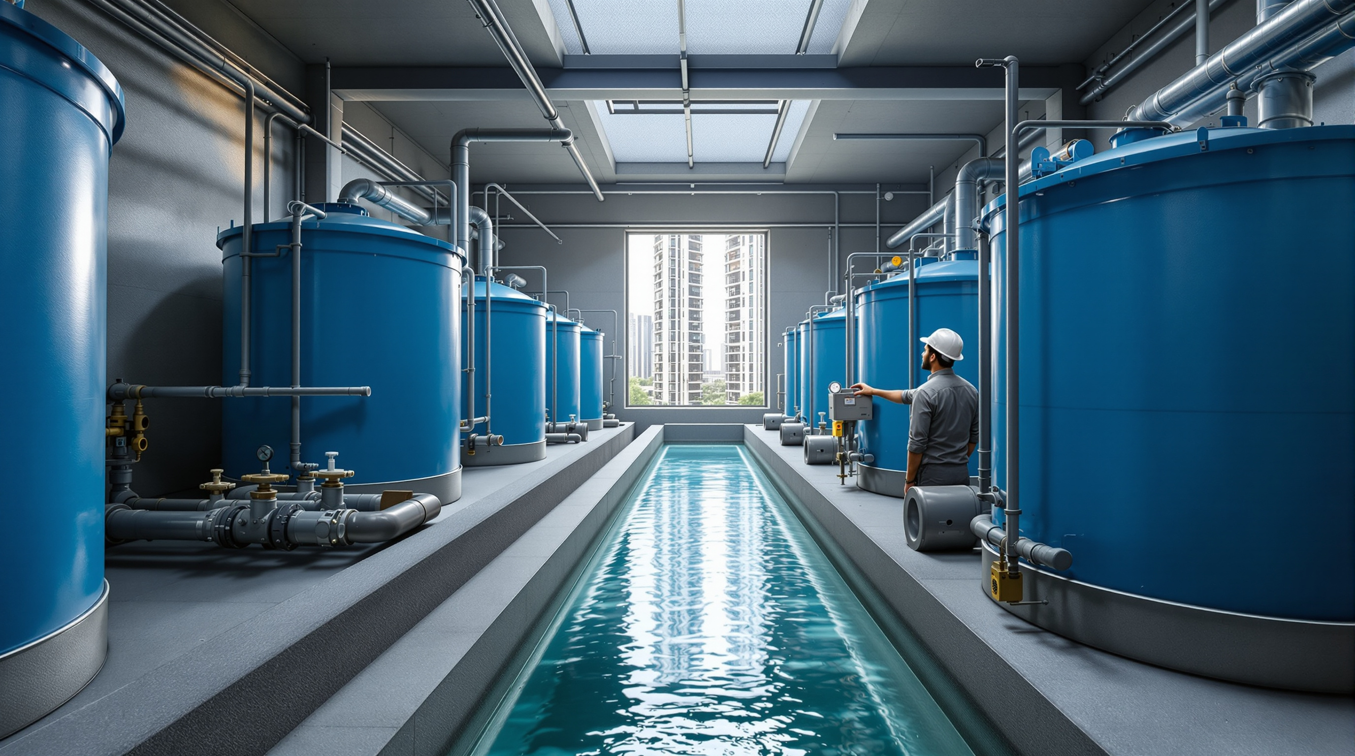 Indian plant operator inspecting the aeration tanks and pipework of a compact rooftop sewage treatment plant at an apartment complex
