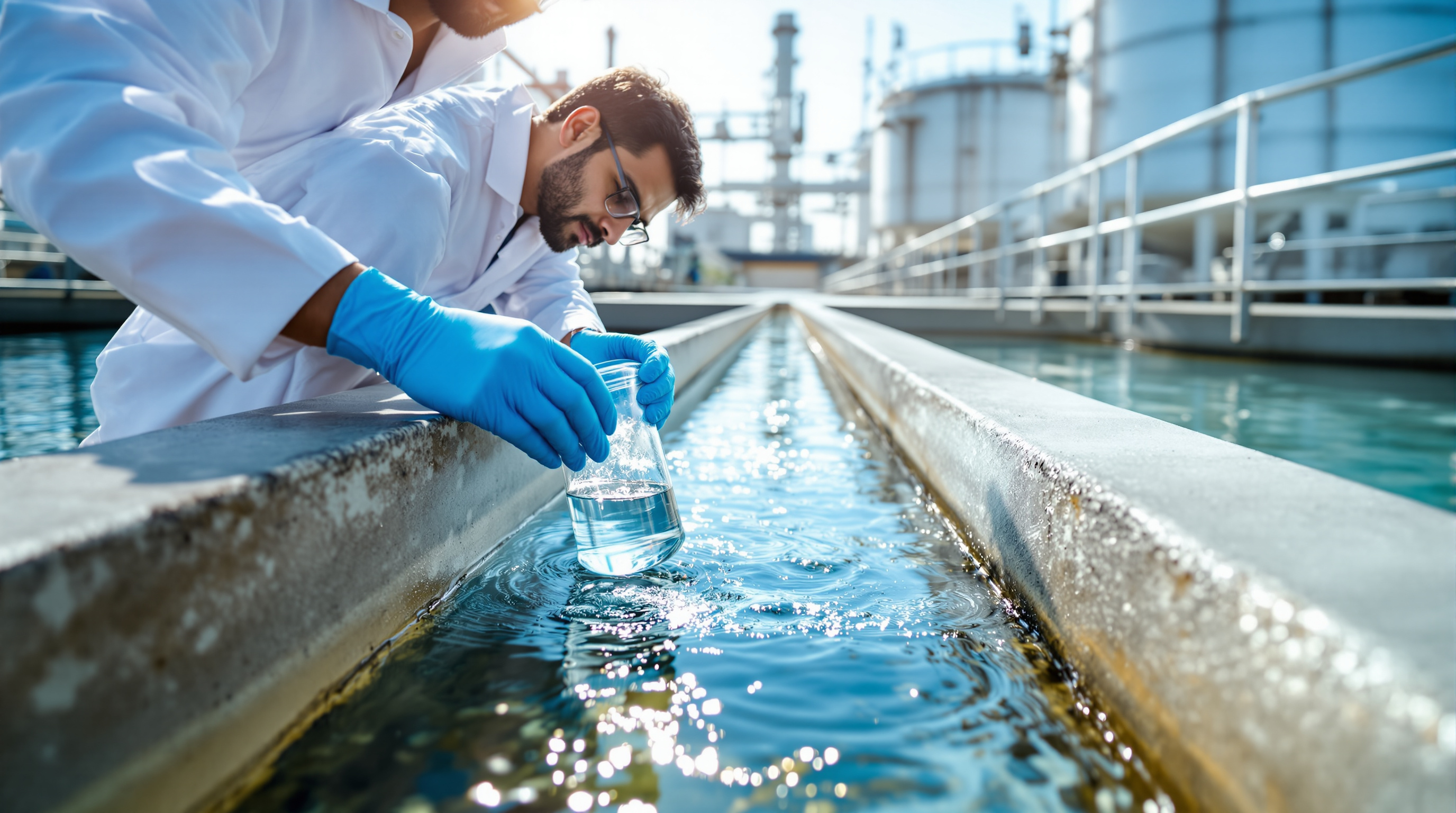 An Indian lab technician collecting a treated water sample in a glass beaker at the outlet of a sewage treatment plant