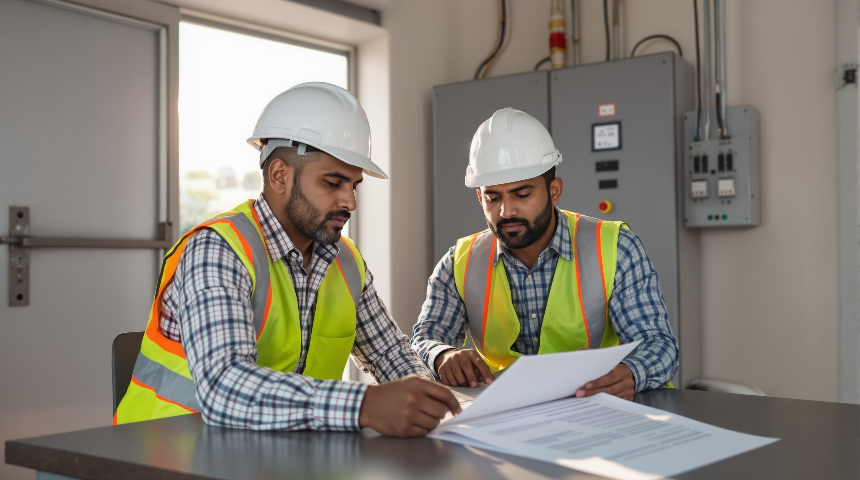 Two Indian engineers in hard hats closely examining printed contract pages at a table beside a control panel