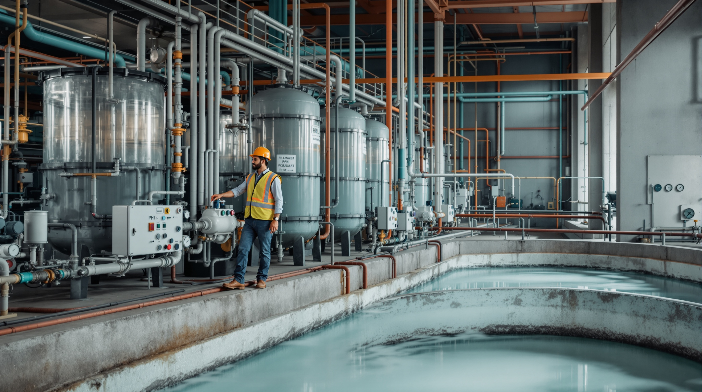 Rows of chemical dosing tanks and pH-correction vessels at an industrial effluent treatment plant