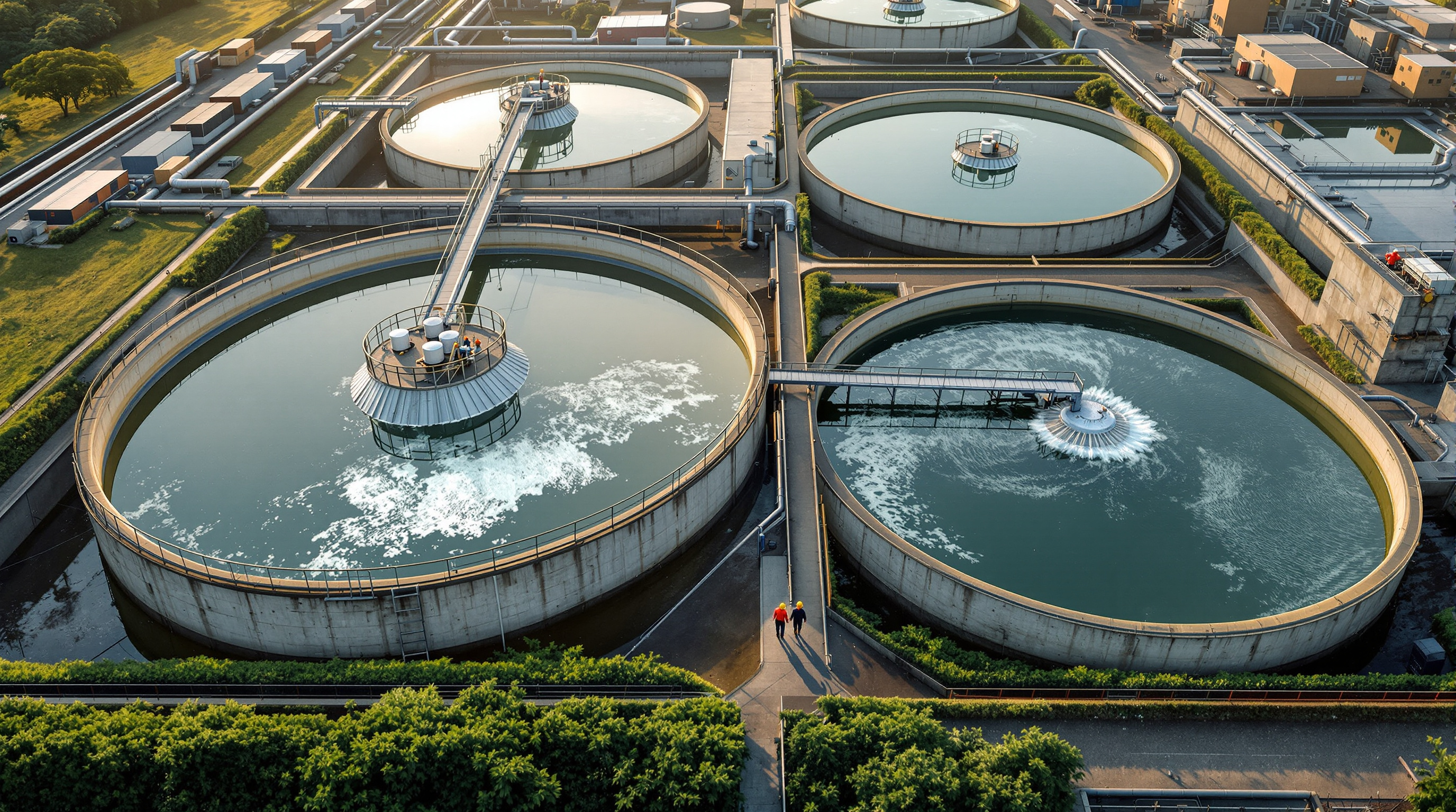 Aerial view of a shared common effluent treatment plant serving an industrial cluster with large circular clarifier tanks
