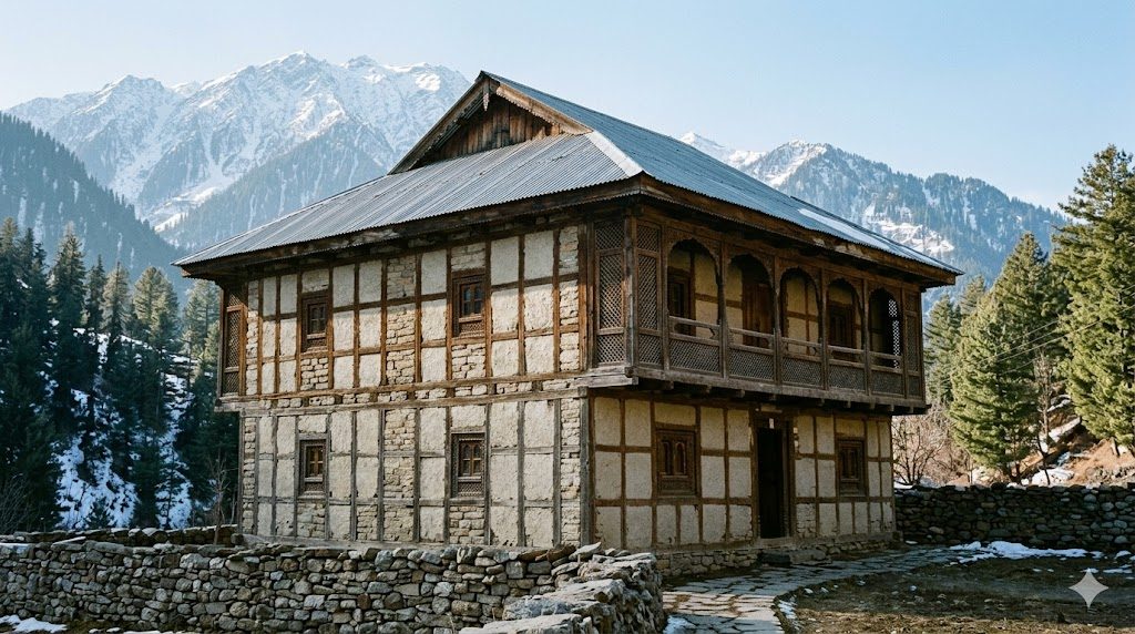 Traditional Kashmiri dhajji-dewari house — facade showing the characteristic timber lattice frame with small infilled masonry panels, set against a Himalayan mountain backdrop. The pixelated patchwork pattern of timber-bound stone-and-brick panels is the structural feature that lets the wall absorb earthquake energy through controlled panel-by-panel deformation rather than catastrophic monolithic collapse