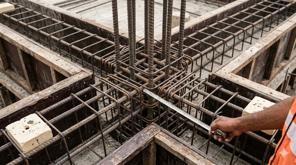 Site photograph showing a properly detailed beam-column joint reinforcement cage on an Indian construction site — 135-degree stirrup hooks, tight stirrup spacing in the plastic-hinge zone, continuous corner reinforcement, and adequate lap lengths, all per IS 13920 ductile detailing requirements