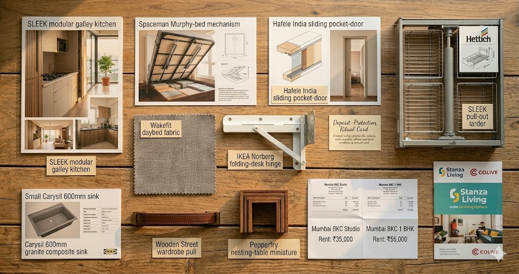 Material flatlay for a studio apartment — fluted oak panel sample, sage-green Greenlam laminate, Carysil quartz sink swatch, Jaipur Rugs flatweave corner, Asian Paints colour swatch, Hettich pocket door hardware