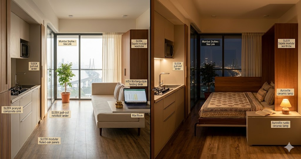 Interior view of a 380 sqft Bandra studio for a consulting analyst — Murphy bed folded into wall panel, galley kitchenette with breakfast bar, fluted oak desk wall, sliding pocket bathroom door in matte deep green