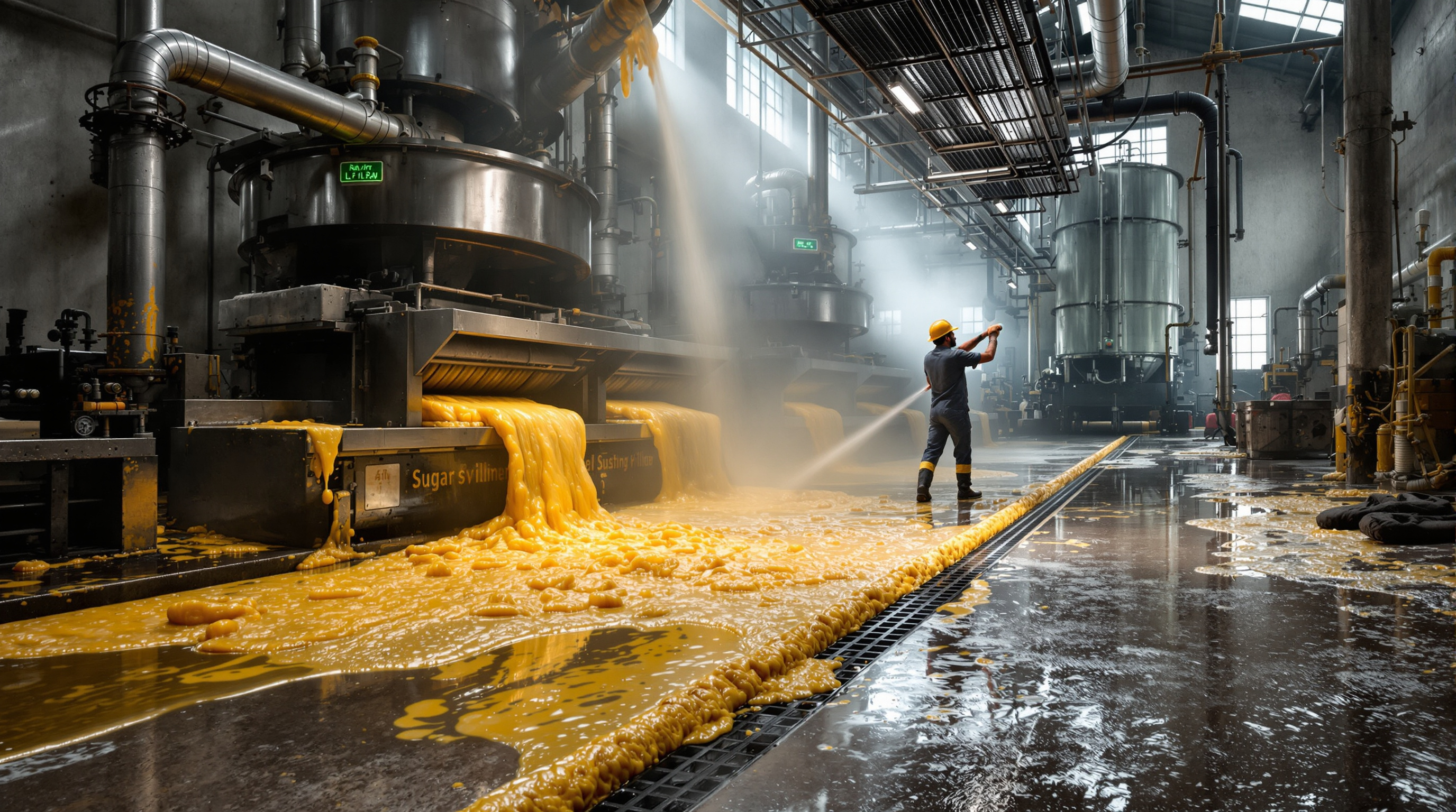 Cane juice and syrup spillage being hosed down on the wet concrete floor of an Indian sugar mill's mill house during crushing season