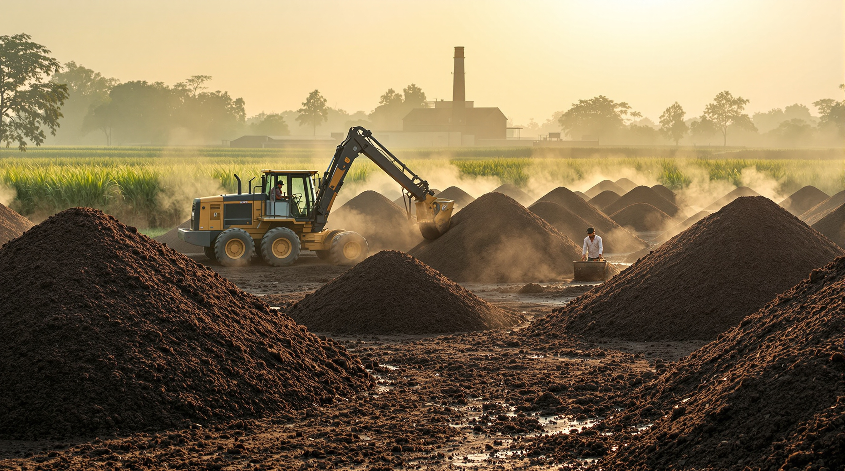 Dark fibrous press-mud filter cake heaped in windrows being composted at an Indian sugar mill yard