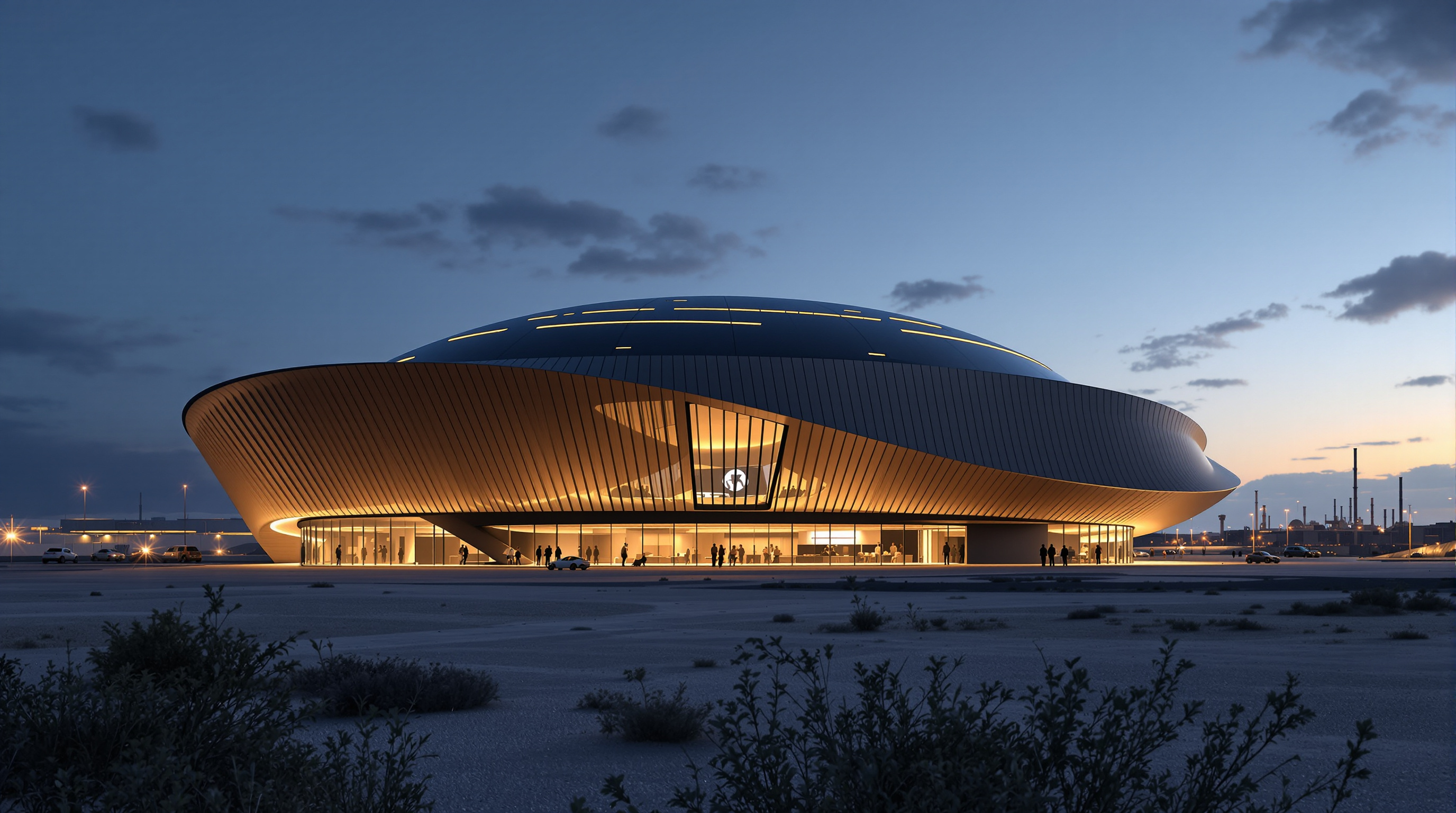 Wide view of the finished Sun Rock building at dusk, its dark solar dome glowing softly against the flat industrial coastline, the public Data Room atrium lit from within and visible through a slot in the pleated facade