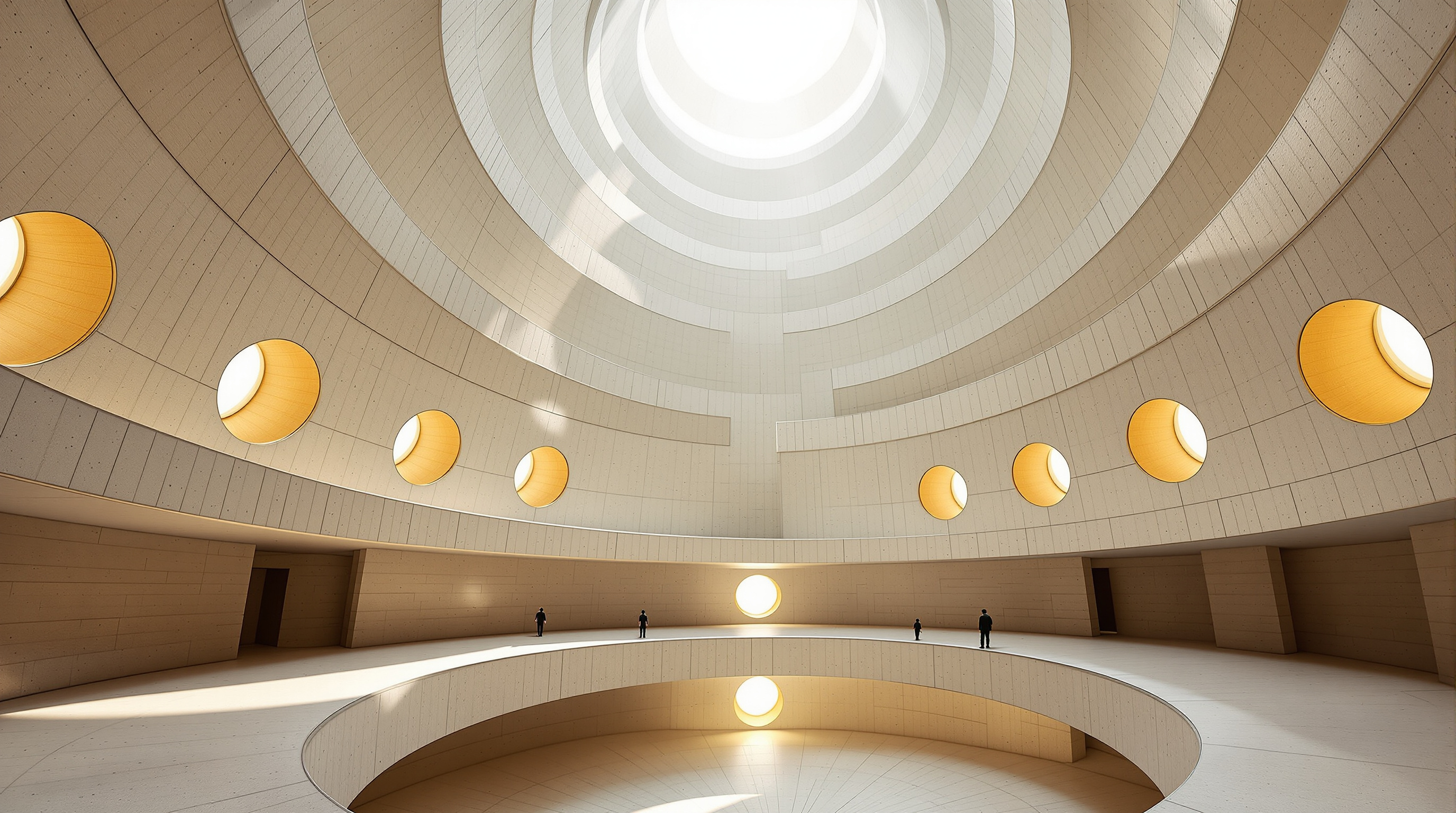 The interior ramp and terraces of the Sun Tower spiralling upward between two board-formed white concrete shells, circular porthole windows casting discs of sunlight across the raw concrete, visitors ascending toward the light at the summit