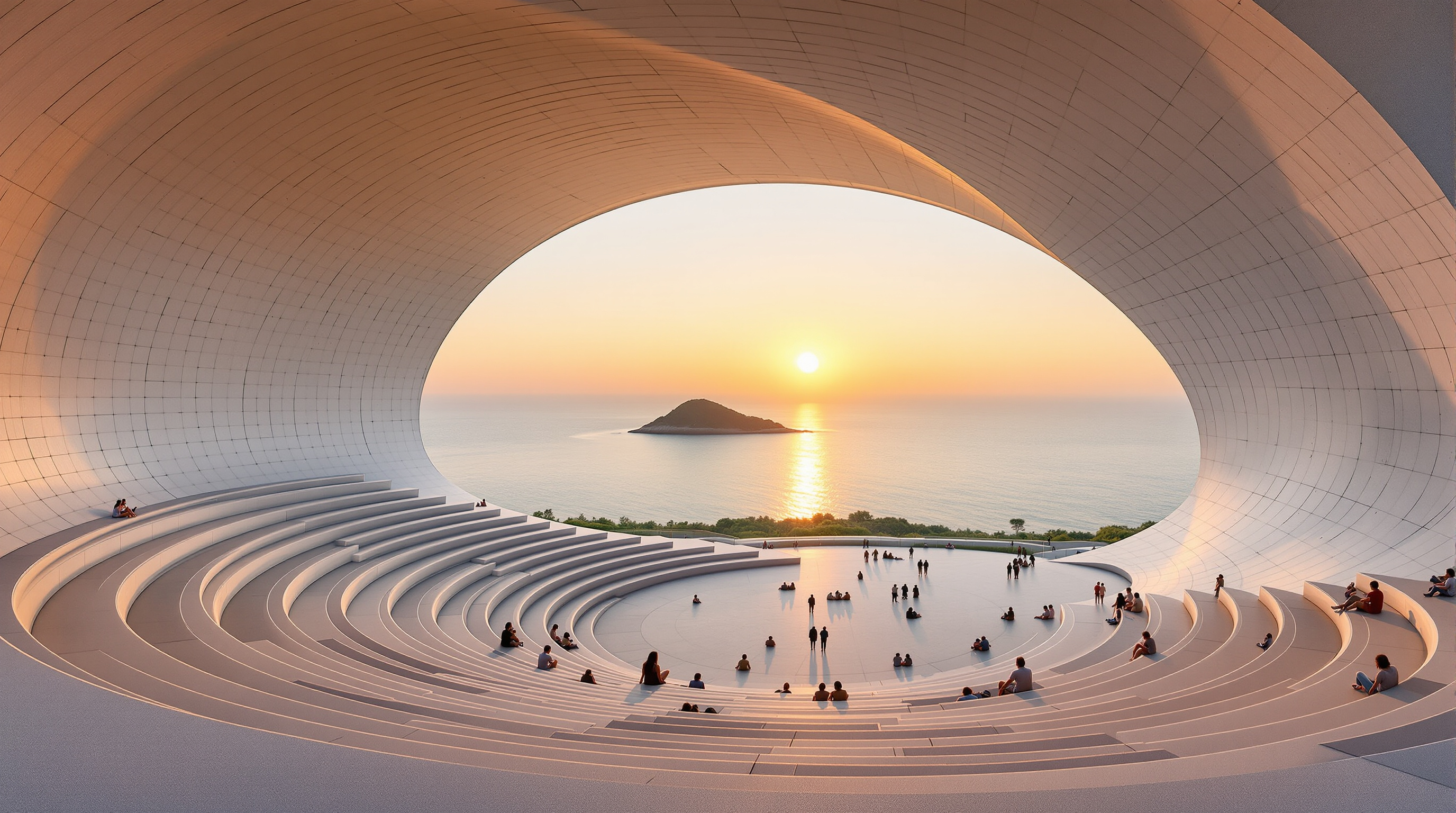 Visitors gathered in the semi-outdoor amphitheatre at the base of the Sun Tower at sunrise, the concave white concrete shell sweeping overhead and opening to a view of the sun rising over the Bohai Sea and Zhifu Island