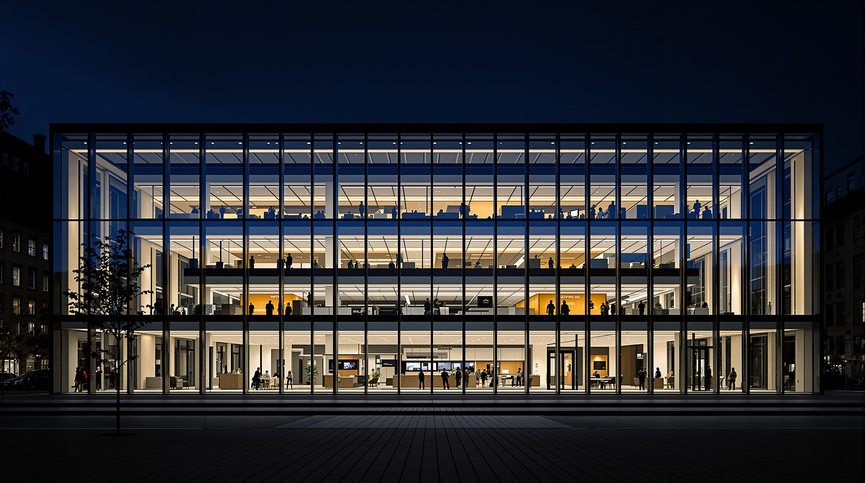 A cutaway-style view of the SuperC's transparent south facade at night, warm interior light revealing the open-plan student service desks, waiting areas and meeting rooms stacked behind the fully glazed wall, the building glowing like a display case for the university's administration