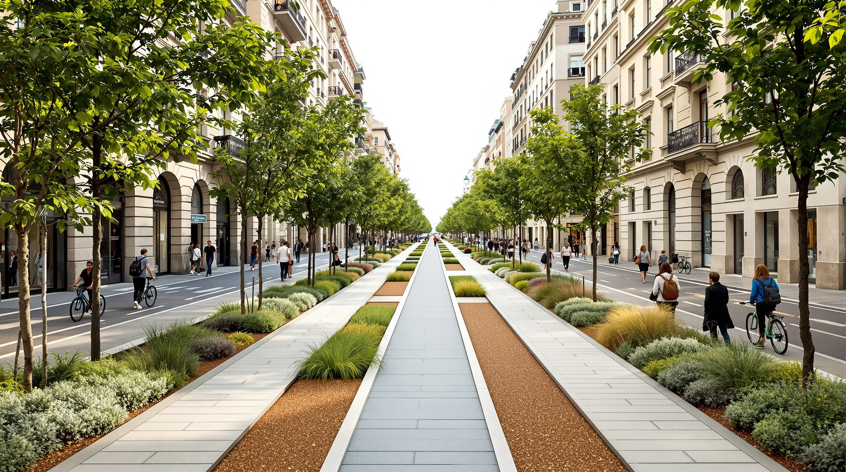 A newly completed green axis on Barcelona's Consell de Cent street in the Eixample: a continuous pedestrian-priority ribbon of pale stone and earth-coloured paving winding between the chamfered corners, freshly planted trees and rain-garden beds down the centre line, cyclists and pedestrians sharing the space where four lanes of traffic used to run, elegant 19th-century Eixample façades on either side