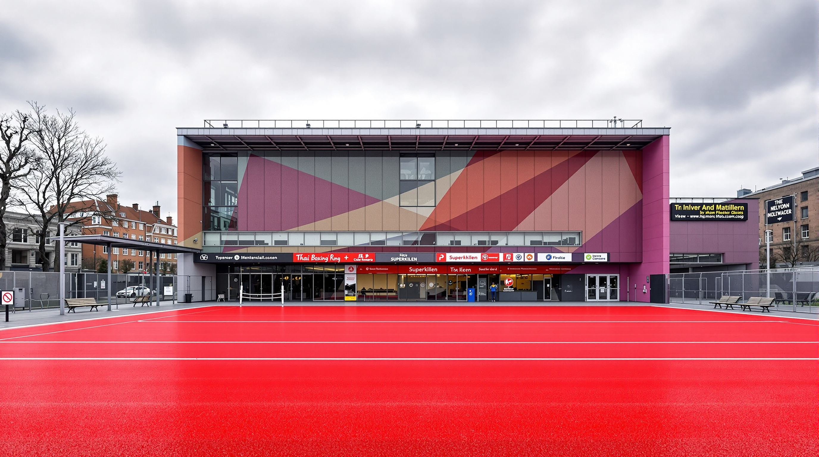 The Red Square at Superkilen, its bright red and magenta rubberised surface sweeping up the wall of the adjacent sports hall, with Thai boxing-ring seating, a swing and international signage under a grey Copenhagen sky
