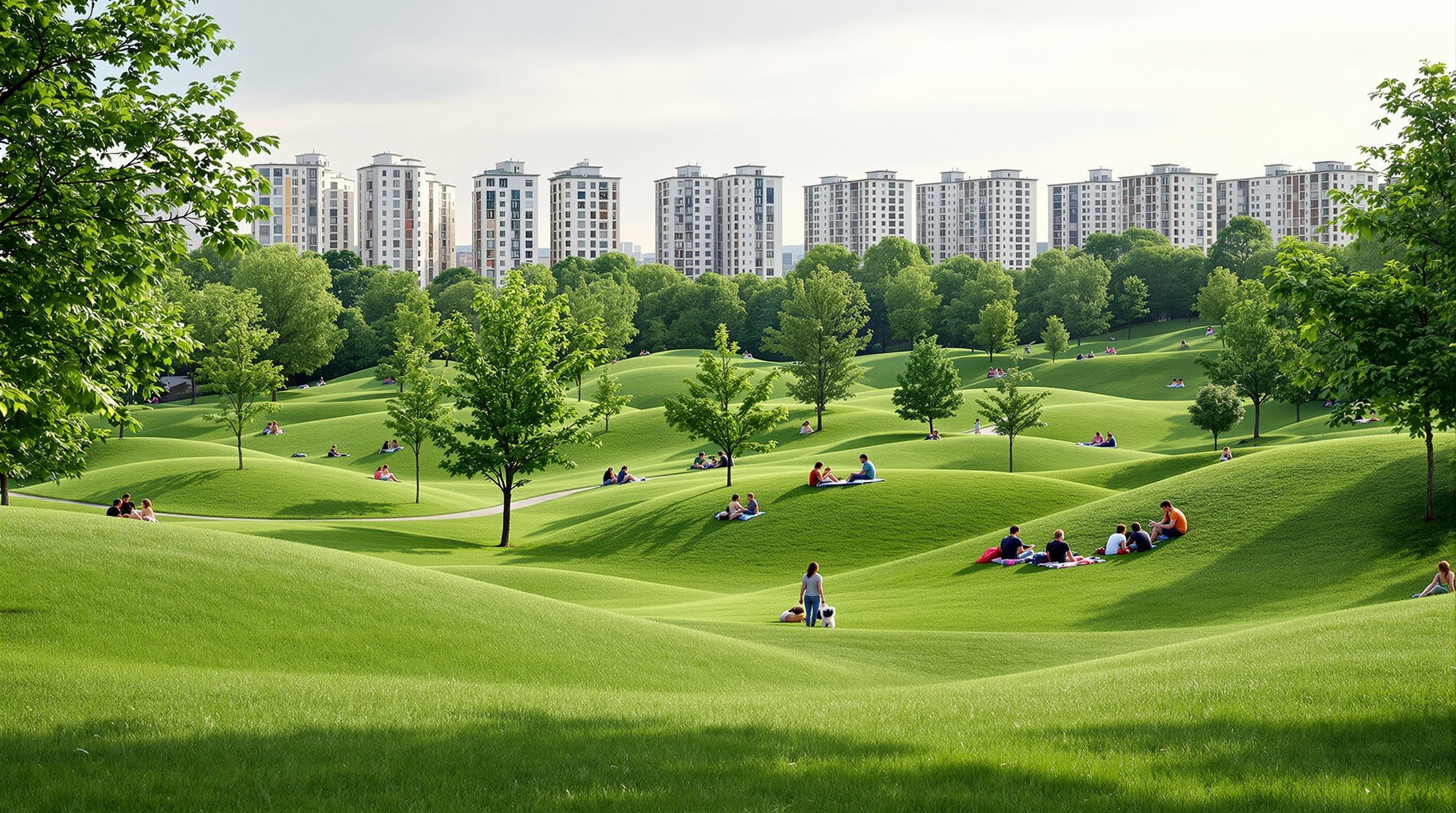 The Green Park end of Superkilen, gentle grassed mounds rising and falling with scattered trees, families picnicking and a person walking a dog, low Copenhagen apartment blocks framing the horizon