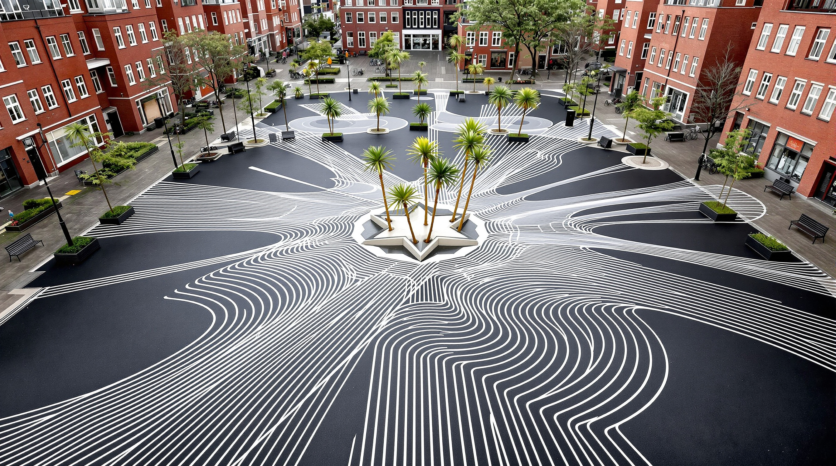 Superkilen's Black Market: a sweeping expanse of black asphalt inscribed with rippling thin white contour lines that curve around a white Moroccan star-shaped fountain and slender palm trees, brick housing blocks and bicycles at the edges under an overcast Copenhagen sky