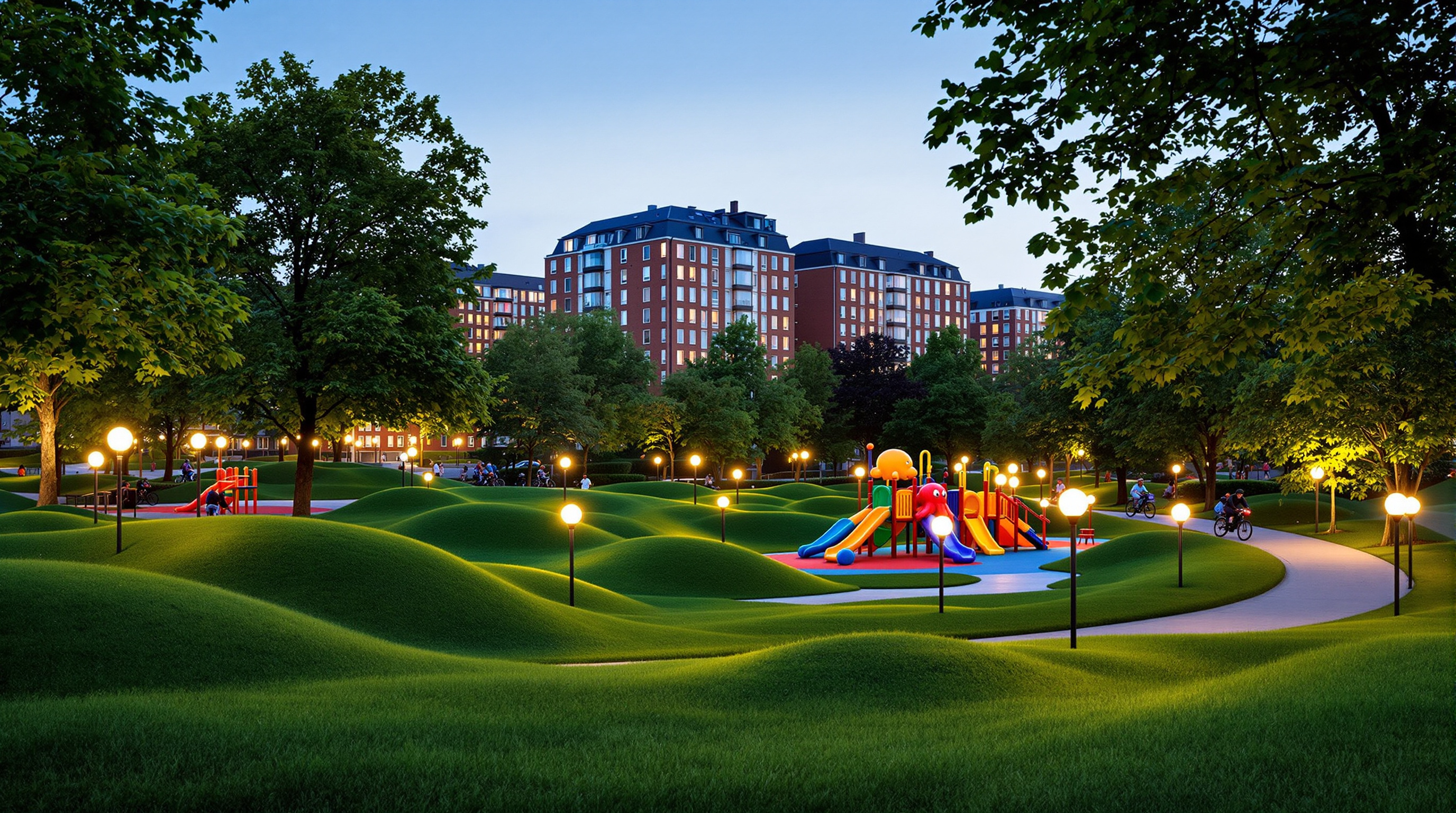 The Green Park end of Superkilen at dusk, gentle grassy mounds dotted with white-globe lamp posts and a Japanese-style playground, cyclists on the bike path running through, warm brick apartment façades and lit windows rising behind the trees