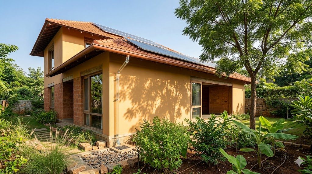 A contemporary Indian home built with sustainable materials — earth-block or laterite walls, rooftop solar panels visible above, a rainwater recharge pit in the foreground, and a neem tree casting partial shade on the west wall