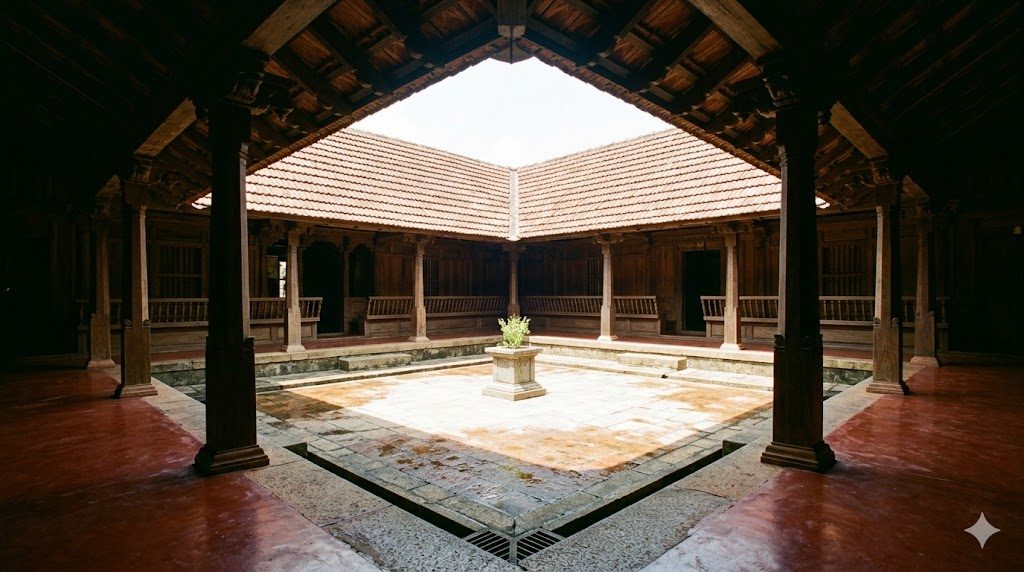A traditional Kerala nalukettu courtyard with sloping tiled inner roofs framing the central nadumuttam, morning sunlight catching the open square