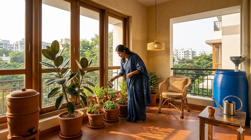 Wide angle photograph of a sustainable balcony herb garden in a Bengaluru third floor apartment morning golden light slanting across a row of terracotta pots planted with tulsi mint curry leaf chilli and lemongrass a 100 litre rainwater barrel in the corner catching monsoon water a Daily Dump terracotta composter in the opposite corner an areca palm and a snake plant in matching unglazed terracotta vessels a cane chair with a jute cushion in the shade a small wooden side table holding a steel watering can and a clay tea cup an Indian woman in her forties wearing an indigo cotton sari watering the herbs with a steel mug bright morning warmth quiet productive urban biophilia magazine quality interior photograph sustainable apartment atmosphere