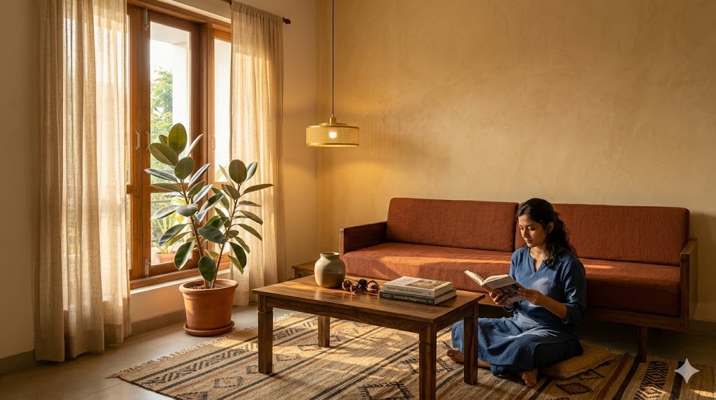 Wide-angle photograph of a sustainable interior living room in a Pondicherry or Goa apartment late afternoon golden light filtering through sheer khadi curtains a lime plaster accent wall in soft ochre behind a deep low slung second hand teak sofa frame upholstered in handloom rust cotton anchored by a hand woven Kala Raksha Kutch wool jute dhurrie a salvaged colonial sheesham coffee table holding a single hand thrown Auroville stoneware vessel and a stack of two architecture books a brass and cane Oorjaa pendant lamp hanging low over the seating area a large rubber plant in a terracotta pot beside the window an Indian woman in her thirties wearing a soft indigo khadi kurta sitting cross legged on the dhurrie reading magazine quality interior photograph grounded biophilic sustainable sensibility quiet craft atmosphere