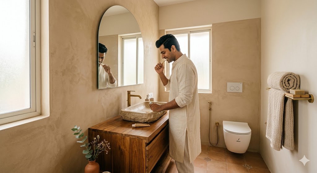 Wide angle photograph of a sustainable bathroom in a Pune second floor apartment soft morning light through a frosted window a microcement wall in warm sand tone a salvaged teak vanity holding a stone slab basin a GROHE EcoJoy single lever brass tap a frameless arched mirror a dual flush wall hung Jaquar WC bamboo soap dish and a khadi waffle towel on a brass towel rail a small terracotta vessel with a single eucalyptus stem an Indian man in his thirties wearing a soft cotton kurta brushing his teeth at the basin warm calm sustainable bathroom magazine quality interior photograph eco conscious atmosphere quiet ritual sensibility