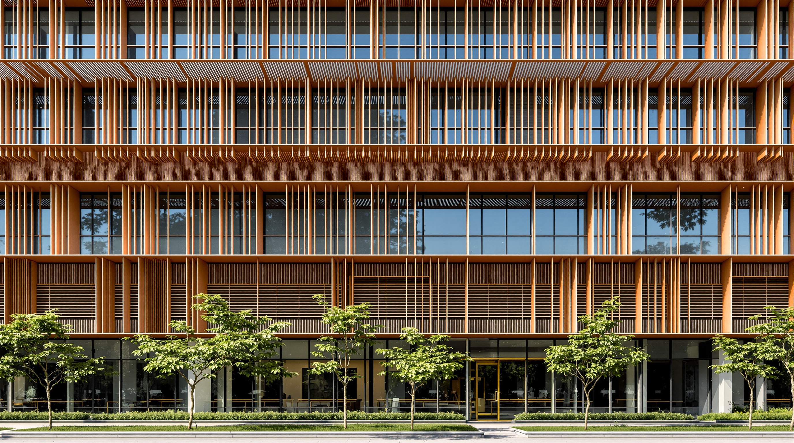 Detail of a Suzlon One Earth office block: tilted horizontal aluminium louvres and warm copper-toned metal screens layered over glazing, casting striped shadows, with a landscaped walkway and young trees at the base