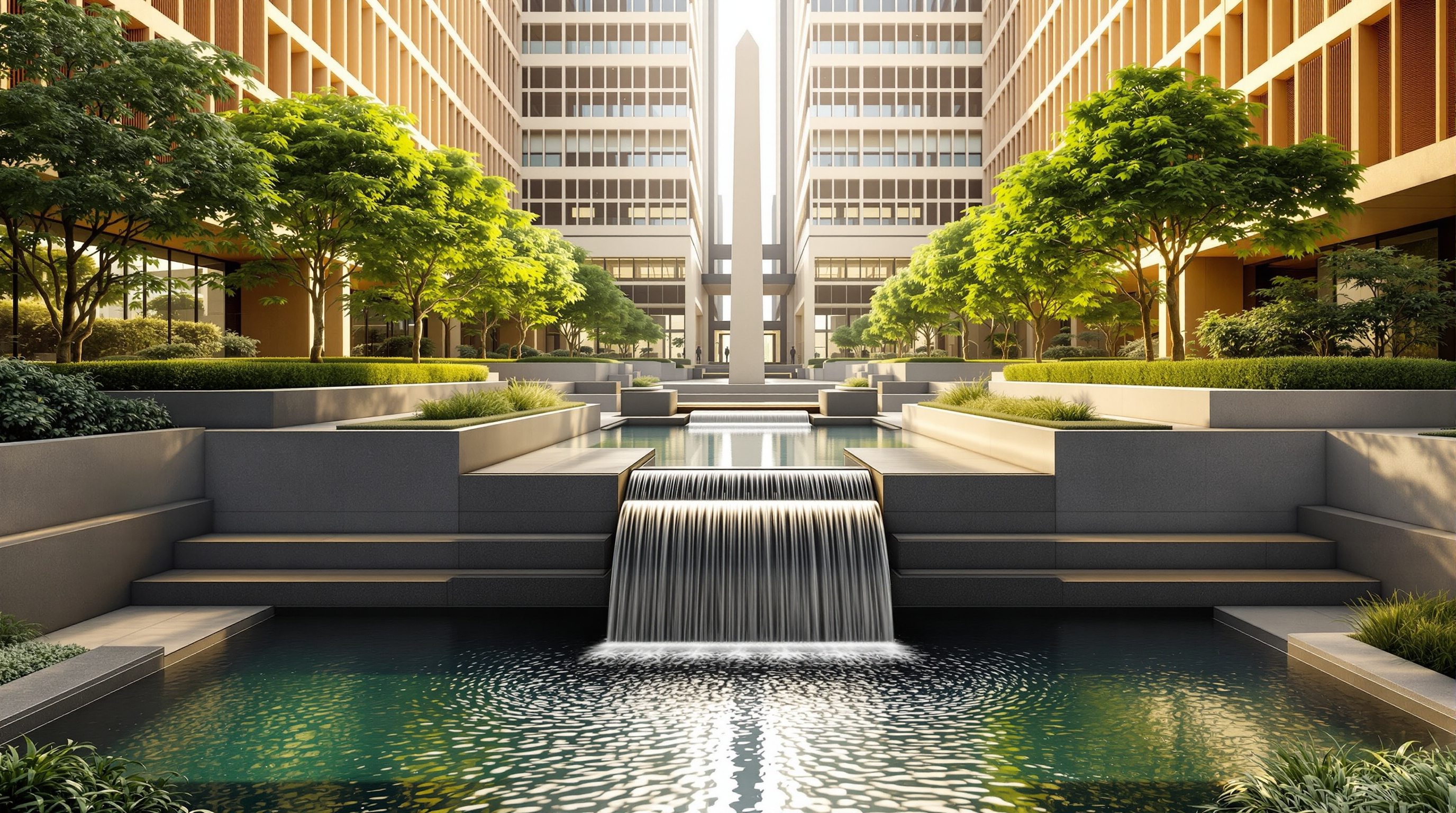 The sunken central Brahmasthan court of Suzlon One Earth: a stepped water garden with a thin waterfall descending into a reflecting pool, a tall slender obelisk rising at the centre, framed on all sides by low louvre-wrapped office wings and shade trees