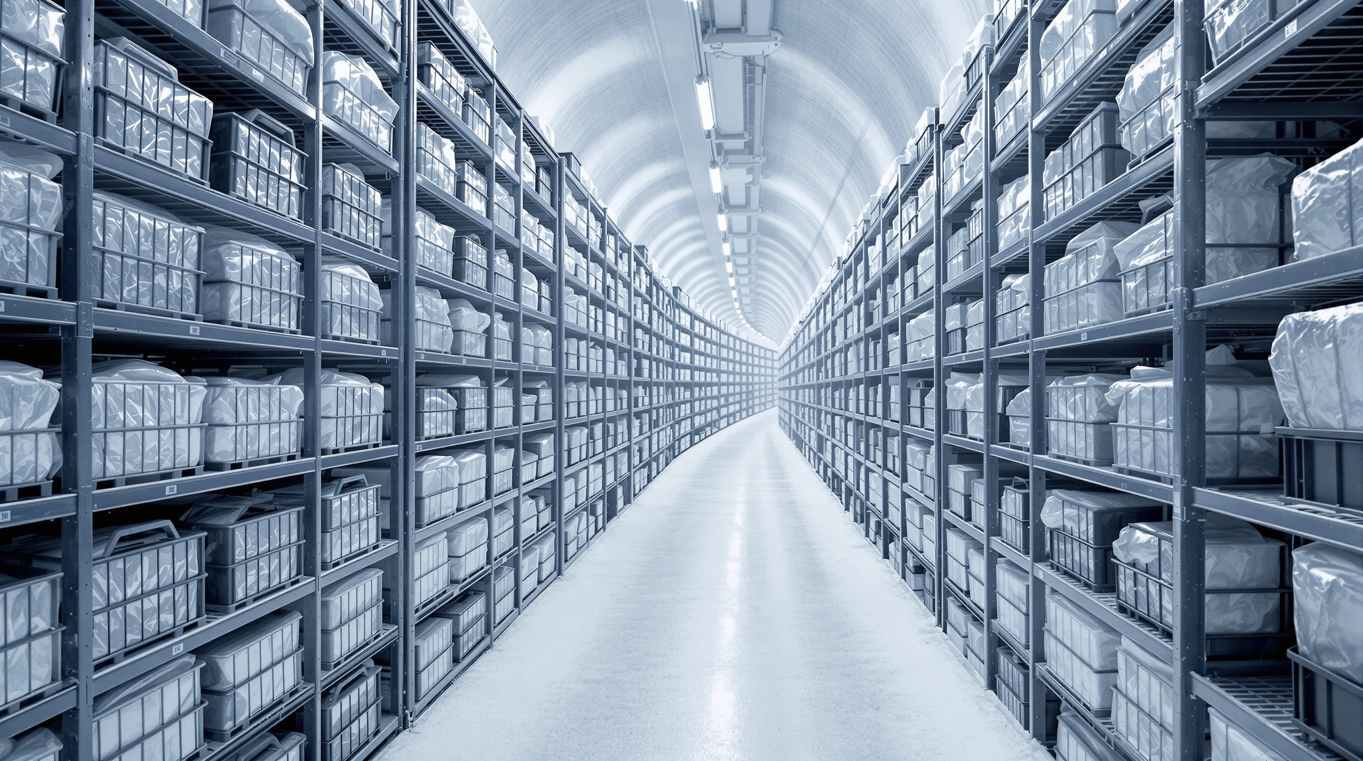The interior of a Svalbard storage hall: rows of tall grey metal shelving stacked with black and clear plastic crates of foil seed packets, the frost-white chamber lit by cold overhead fixtures, walls glazed with a thin coating of ice