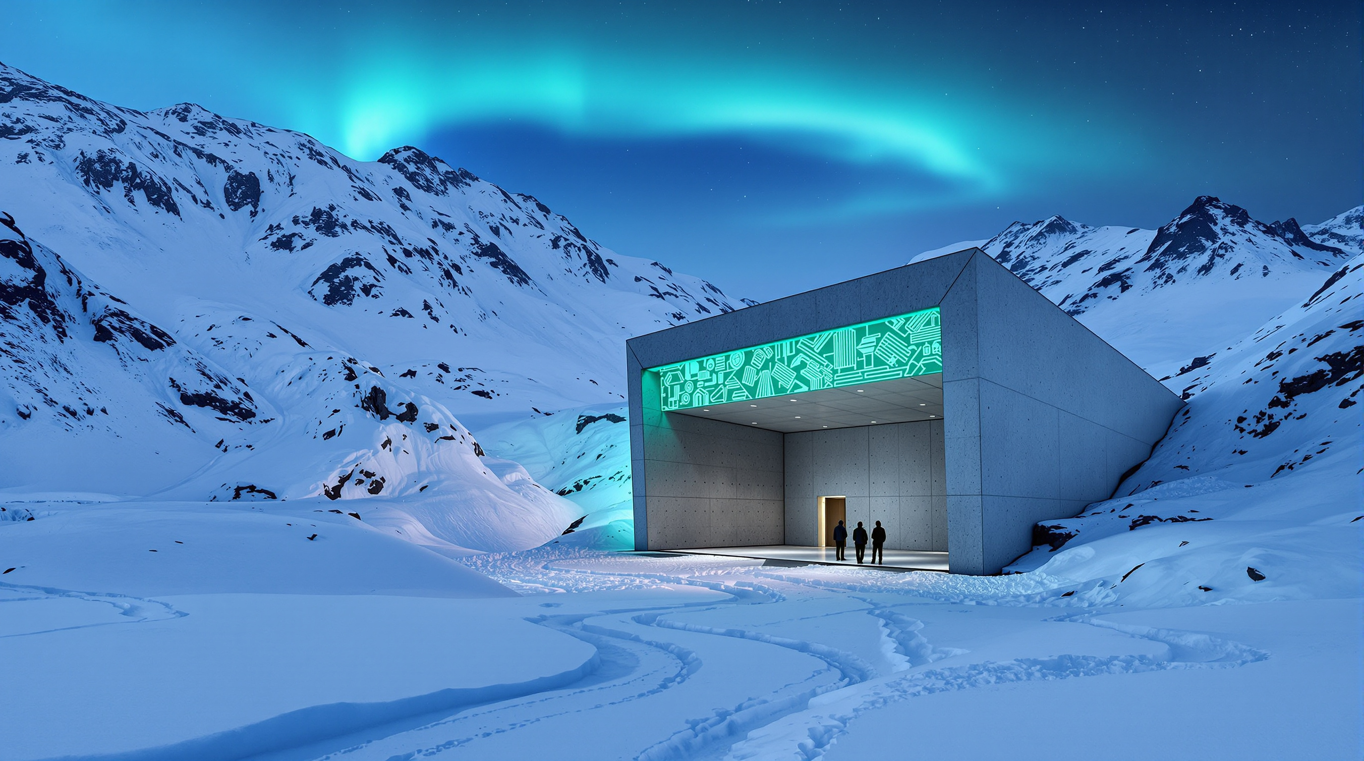Exterior of the Svalbard Global Seed Vault at polar twilight: the illuminated turquoise-green artwork Perpetual Repercussion glowing along the roofline of the concrete prow, deep snow banked against the mountainside, a faint aurora in the sky above