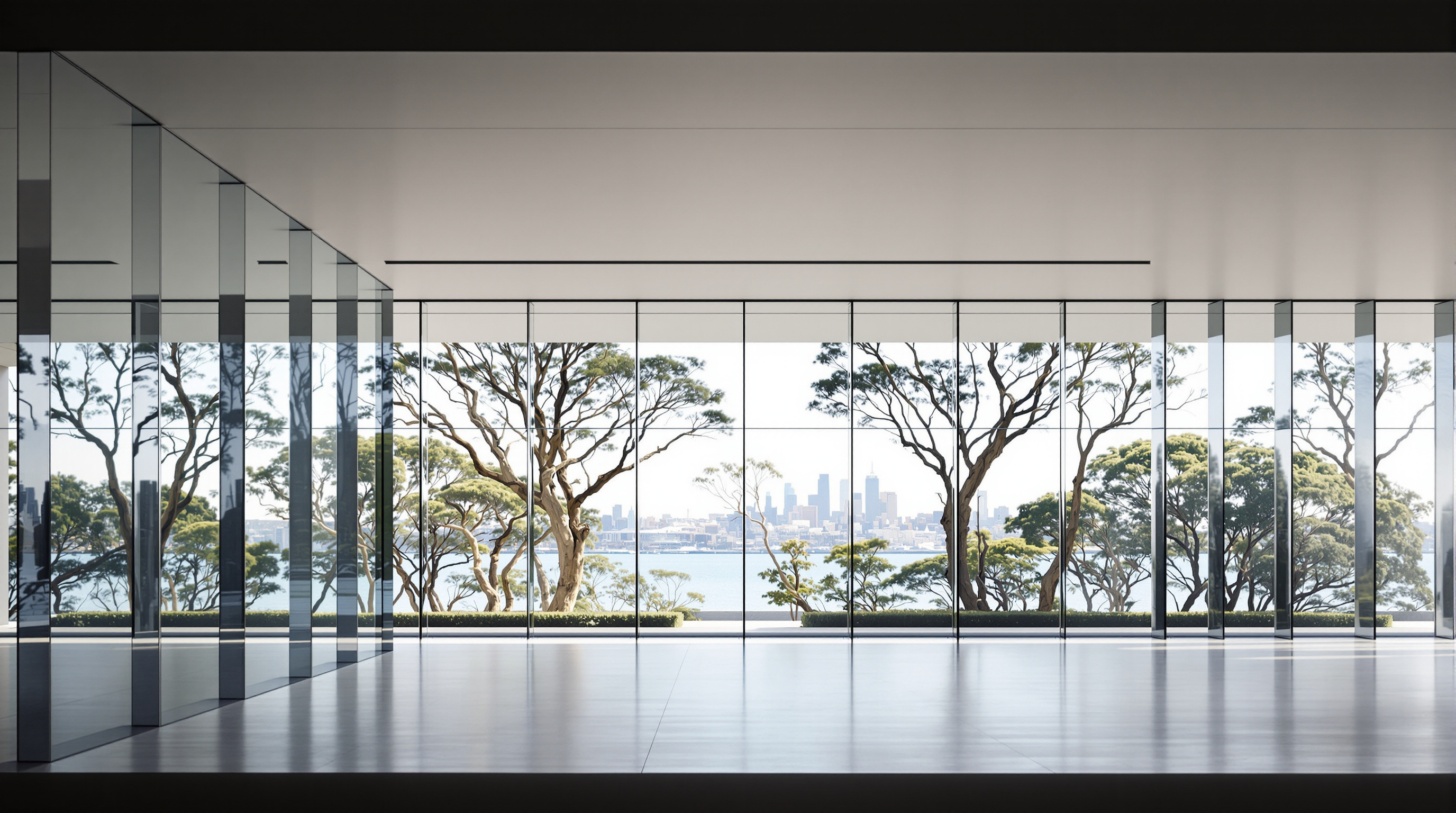 The interior of a Sydney Modern glass pavilion at the Art Gallery of New South Wales: a bright column-free contemporary gallery with a thin white ceiling, a full-height glass wall framing Sydney Harbour and the treetops of the Domain beyond