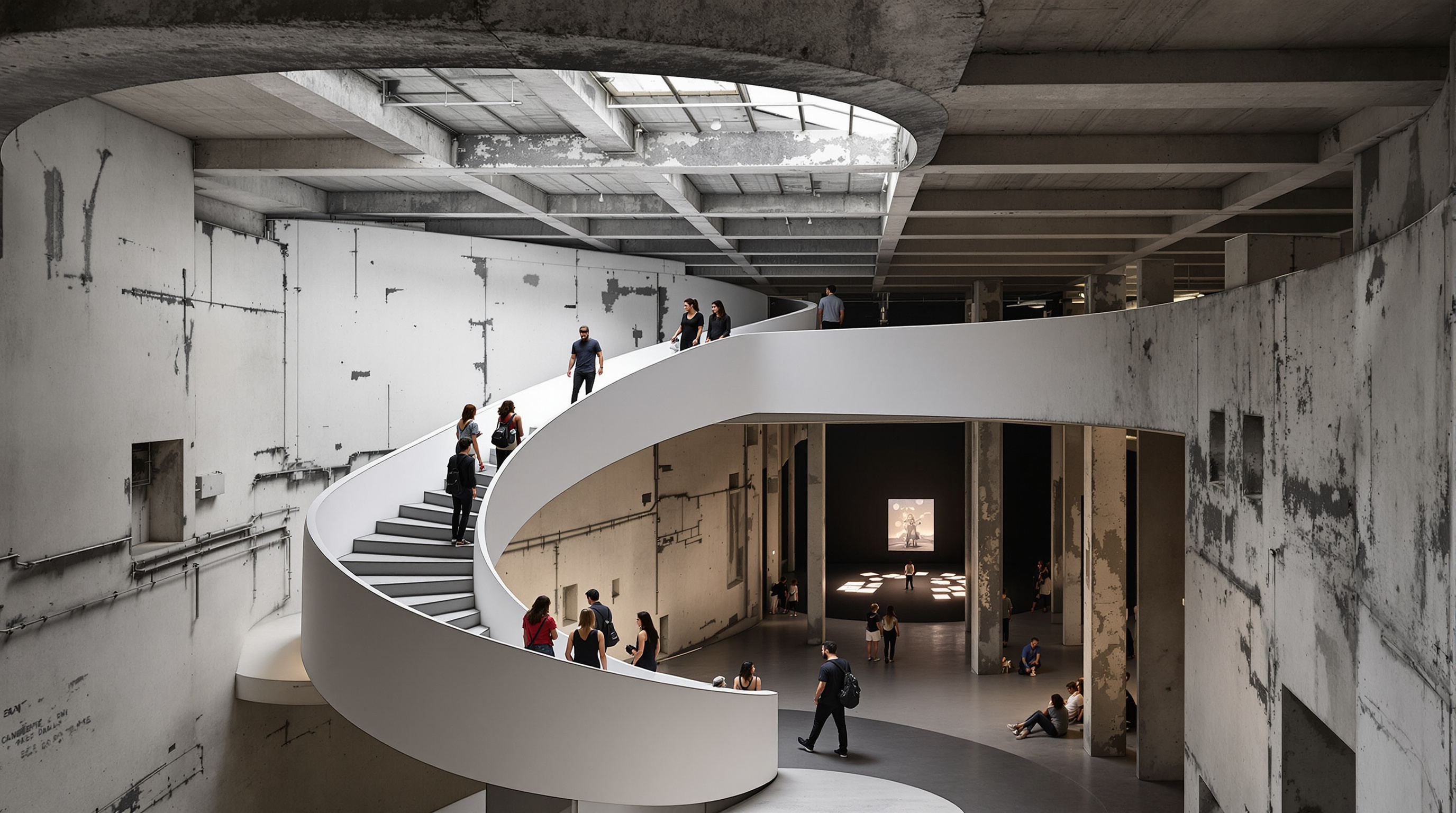 Visitors descending SANAA's slender white spiral staircase into The Tank at Sydney Modern — a vast, dark, raw-concrete former WWII oil bunker gallery with a low ceiling carried on a grid of original columns, a large art installation glowing in the gloom
