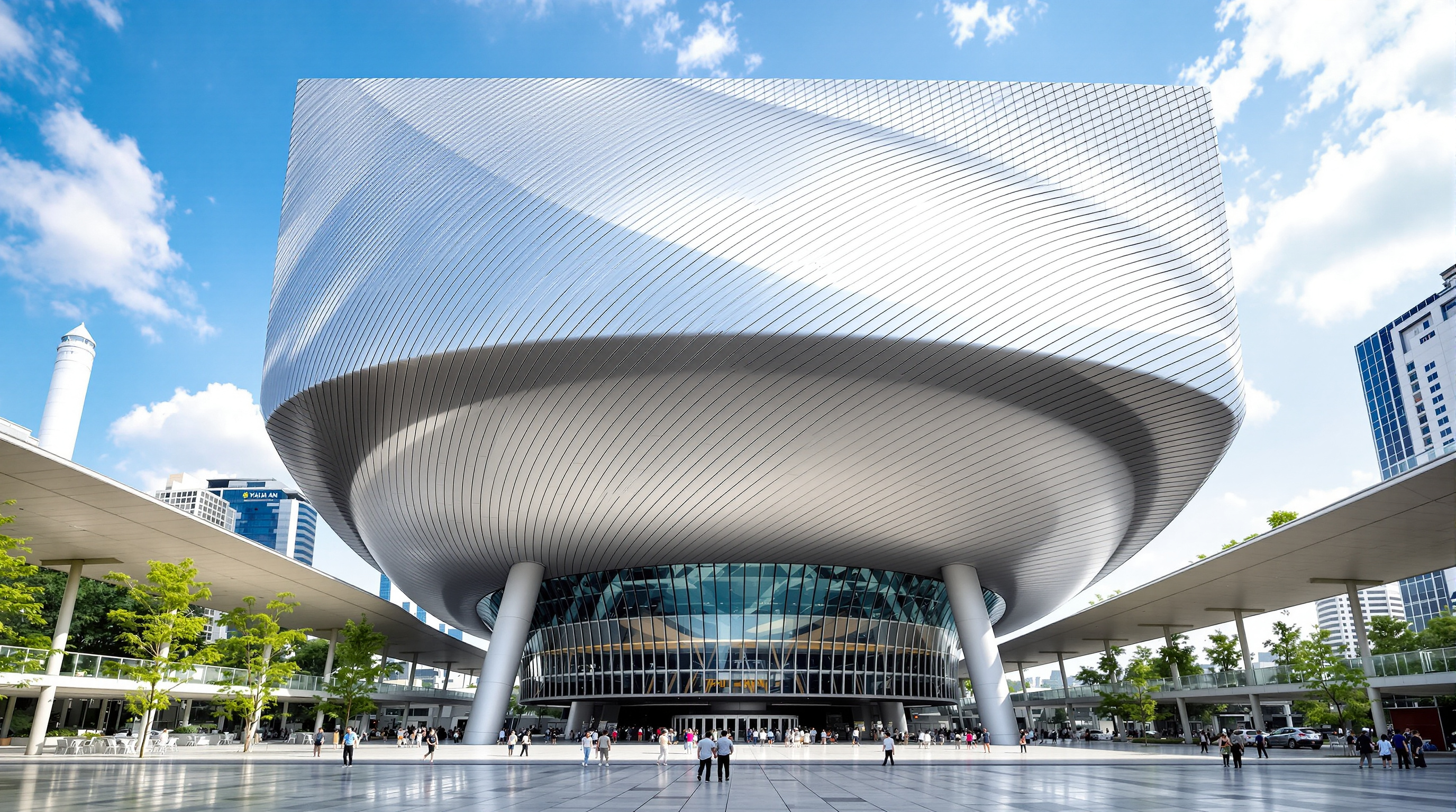 Looking up at the underside of the Taipei Performing Arts Center, where the huge silver-clad sphere of the Globe Playhouse meets the corrugated glass cube, the whole mass lifted on columns above an open public plaza with people passing beneath