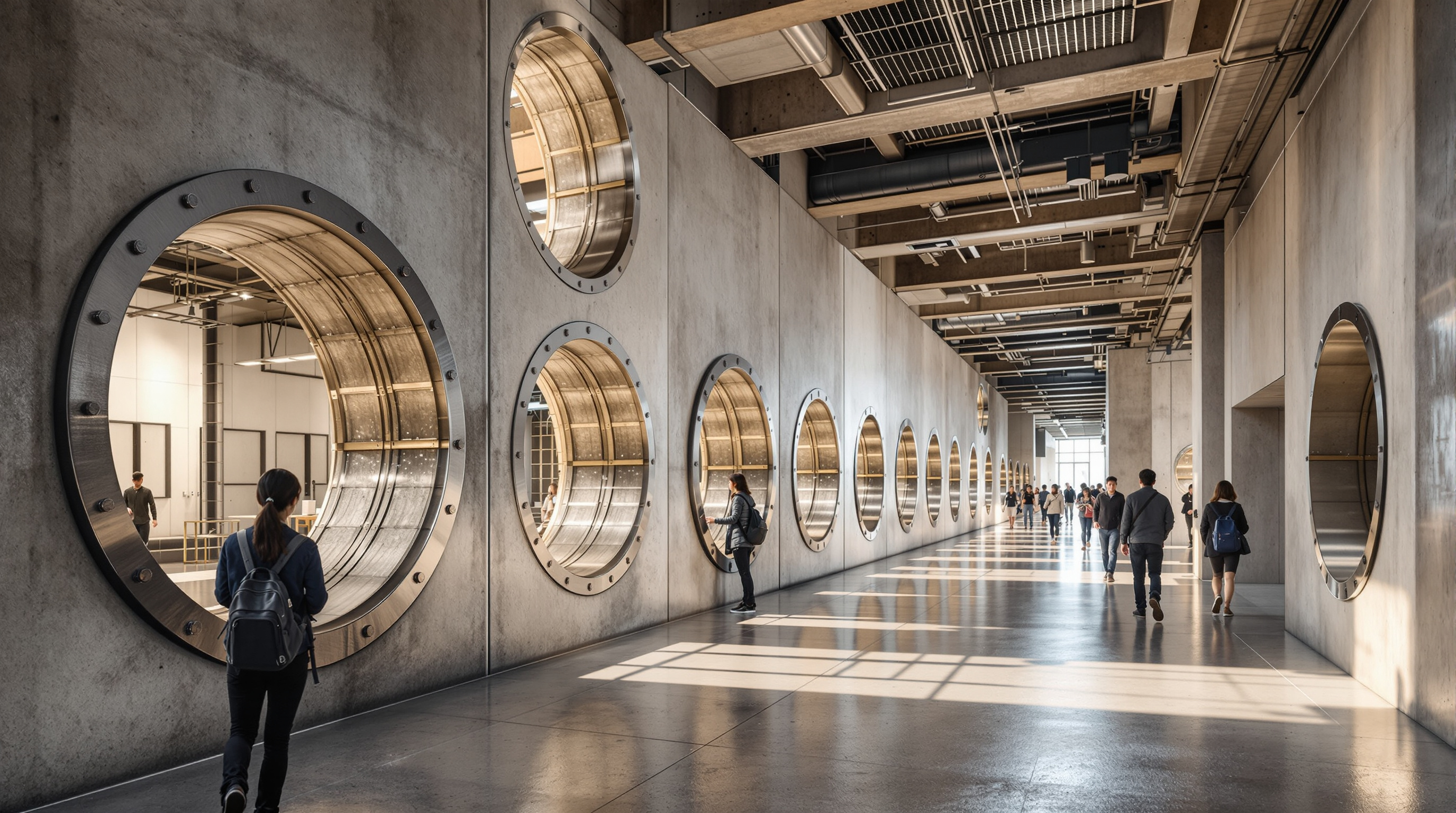 Inside the Public Loop at the Taipei Performing Arts Center: a bright industrial walkway with round porthole windows in the wall offering glimpses into a backstage rehearsal space, visitors without tickets peering through into the working areas of the theatre