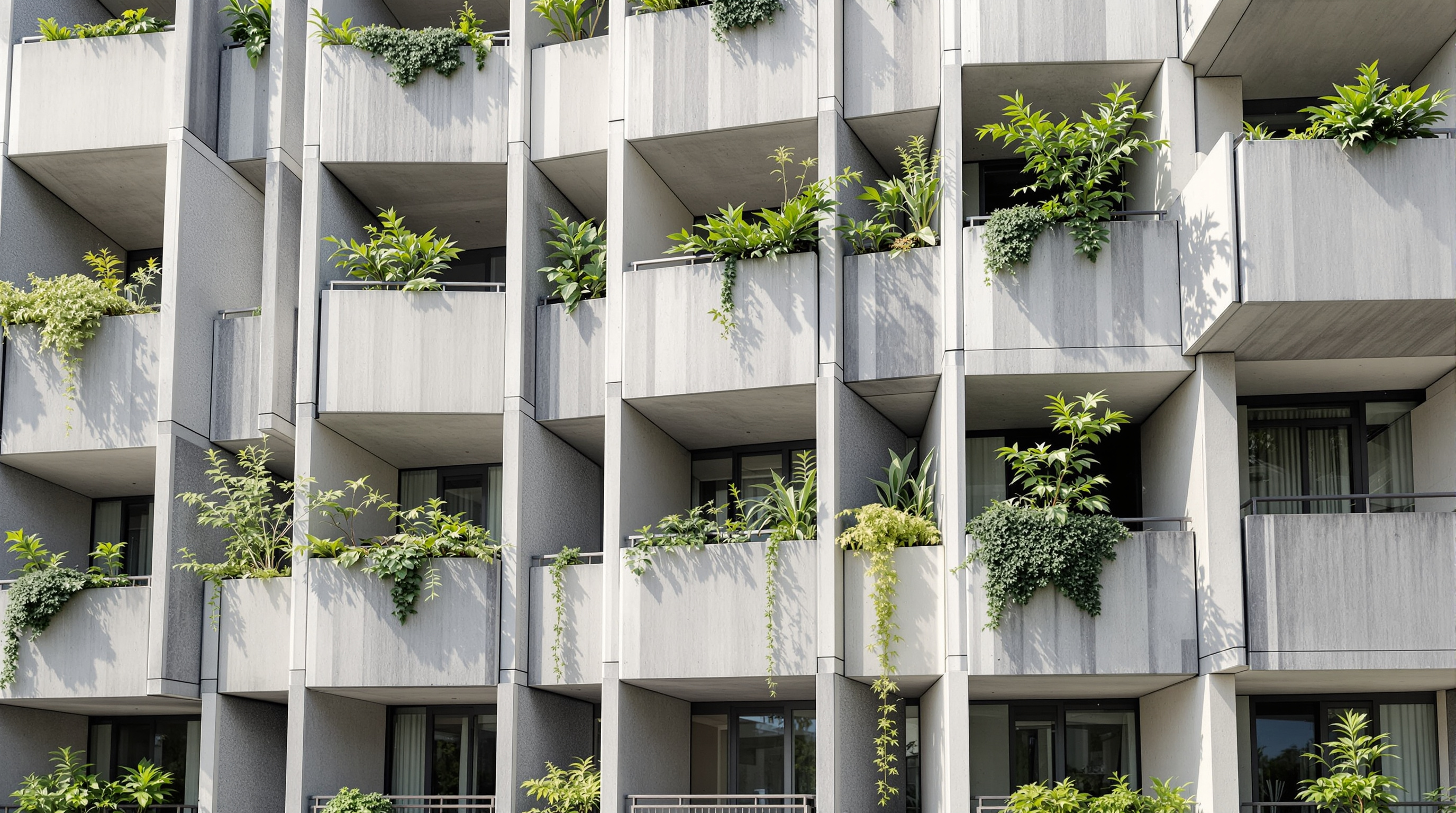 A close view of the Taisugar Circular Village facade: precast concrete balcony panels with exposed galvanised bolt connections and steel brackets, deep planters spilling greenery, a repeated modular rhythm that reads as a kit of parts rather than a poured wall