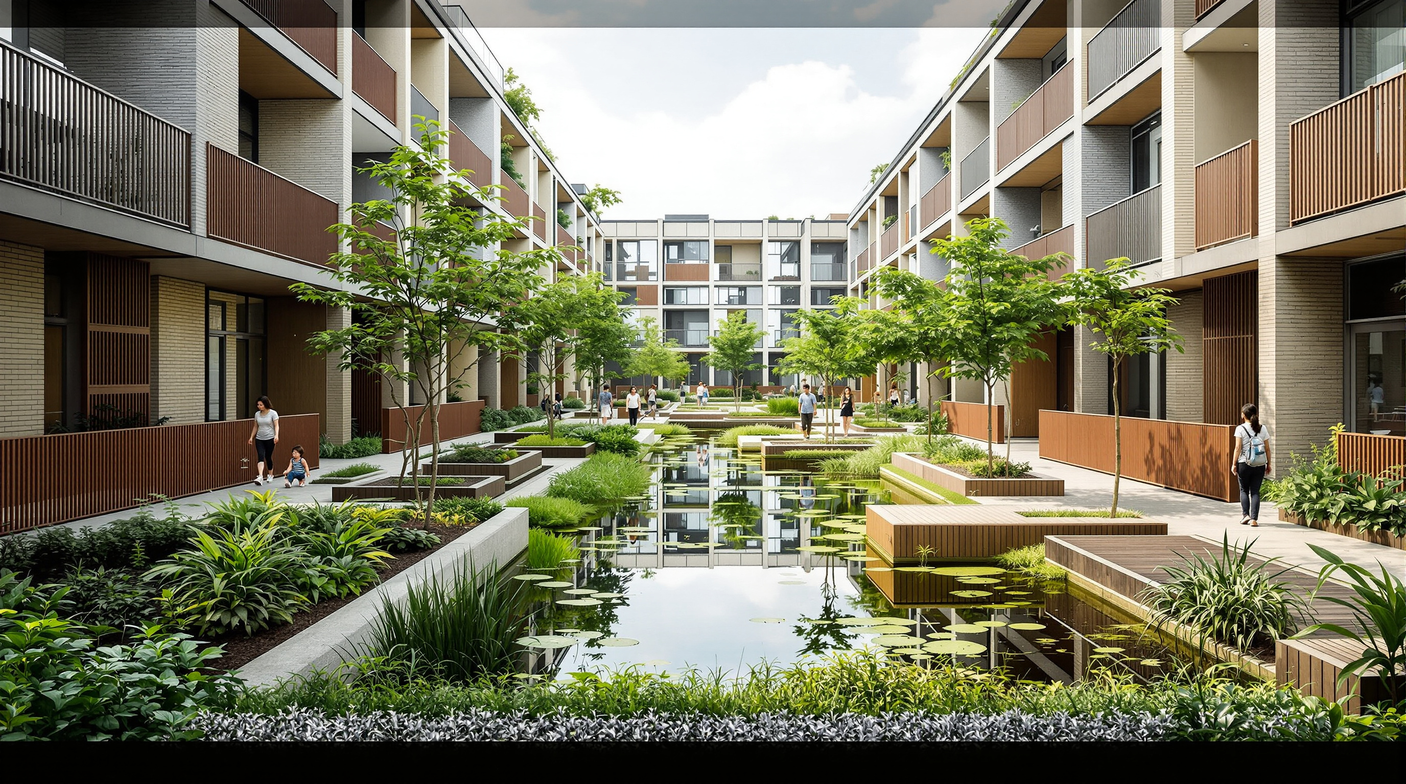 The green central courtyard of Taisugar Circular Village: a biologically self-cleaning eco-pond with aquatic planting, raised beds of an urban farm, and repurposed rust-brown sugar-railway tracks used as low perimeter fencing, residents walking on permeable paths between the housing blocks