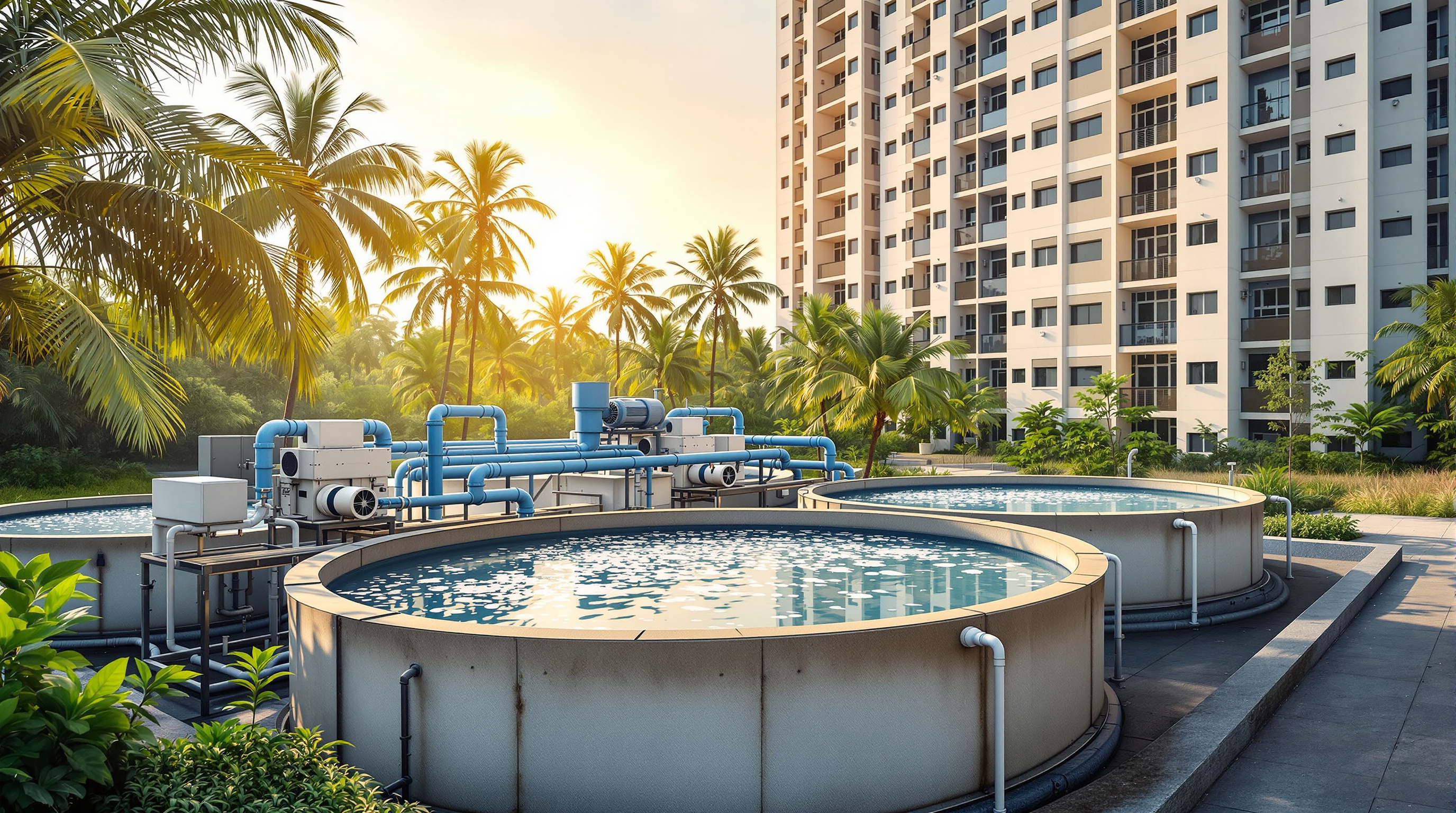 A compact packaged sewage treatment plant with aeration tanks beside a multi-storey residential apartment complex in Chennai