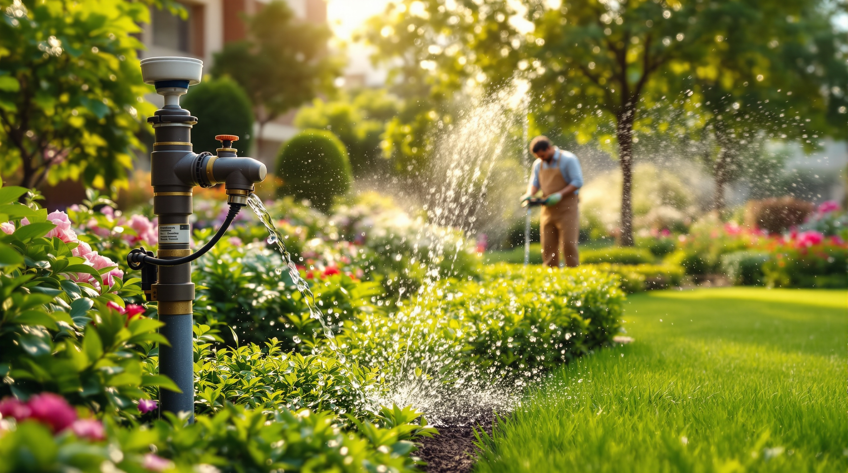 Clear treated water from an STP being used to irrigate a lush landscaped garden in an Indian apartment complex