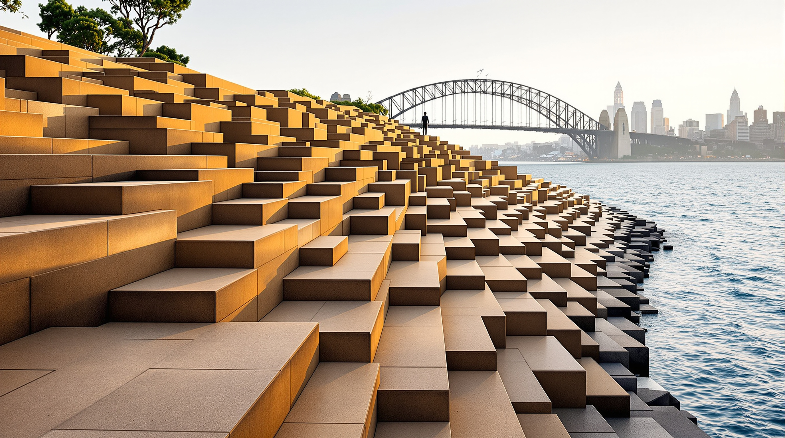 Detailed view of the honey-coloured Hawkesbury sandstone terraces at Barangaroo Reserve, large rectangular blocks set in a tessellated stepped pattern meeting the harbour water, a lone figure standing on the stone with the Sydney Harbour Bridge in the distance