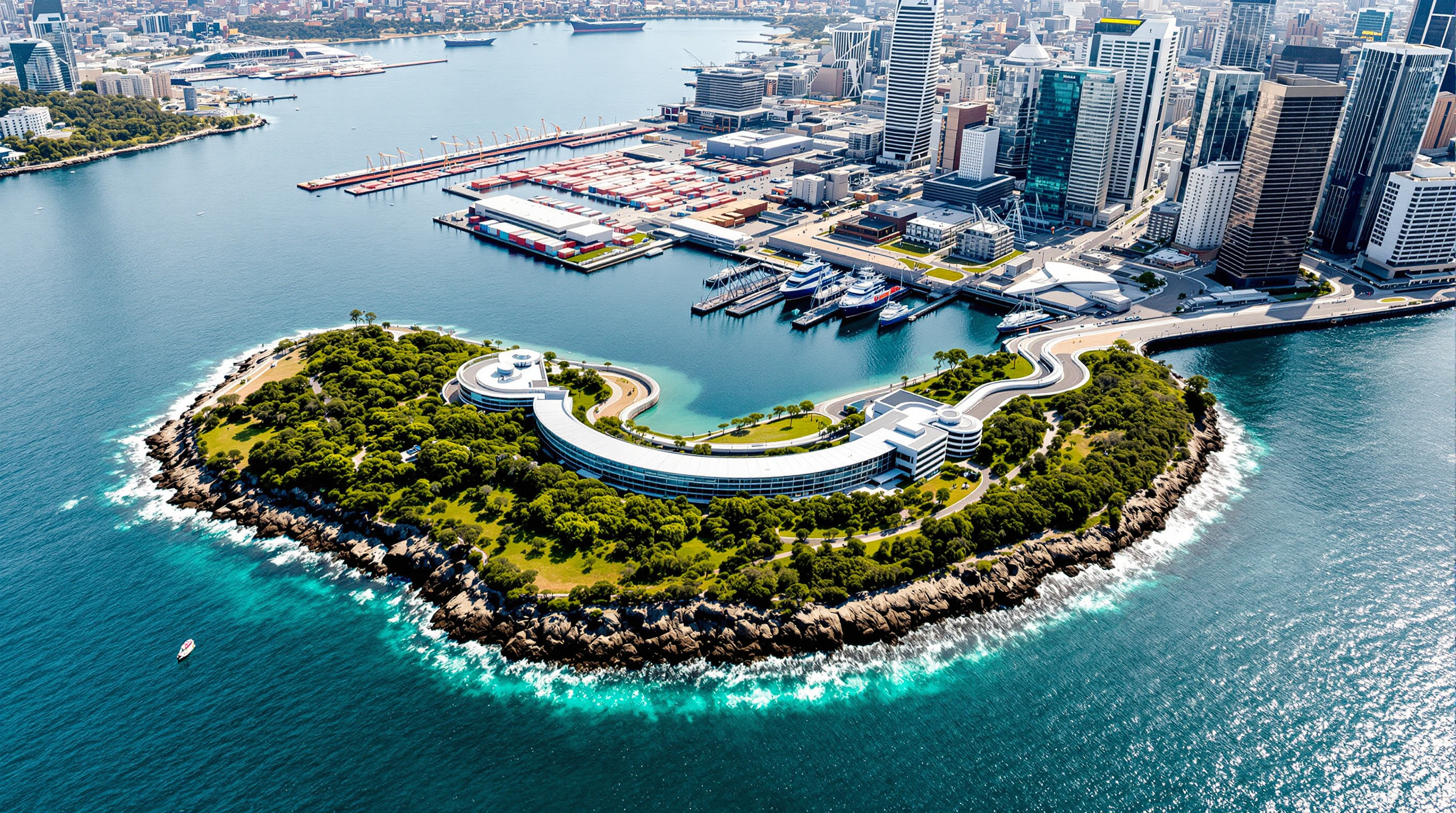 Aerial view of Barangaroo Reserve as a green rounded headland on Sydney Harbour, its curved sandstone shoreline and dense native bush contrasting with the flat rectangular geometry of the container wharves and glass towers of the city beside it