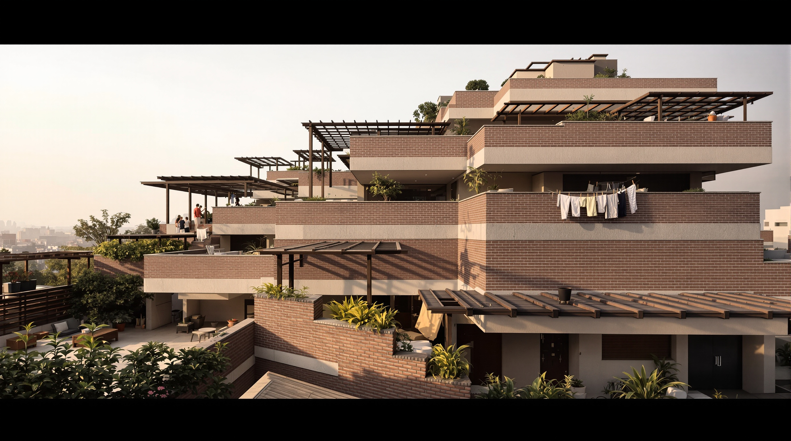 Looking up a stepped terrace face at Tara Apartments: layered open-to-sky roof terraces edged with brick parapets and timber-and-concrete pergolas, potted plants and washing lines on the terraces, deep shadow lines under generous overhangs against a hazy Delhi sky